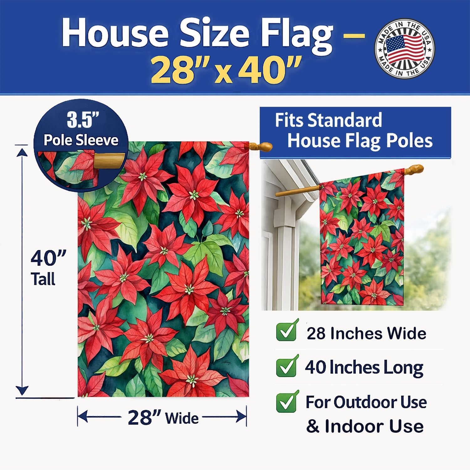 Poinsettias House Flag 28x40 Porch Sleeve Pole Decorative Outside Yard Banner Artwork Wall Hanging, Polyester
