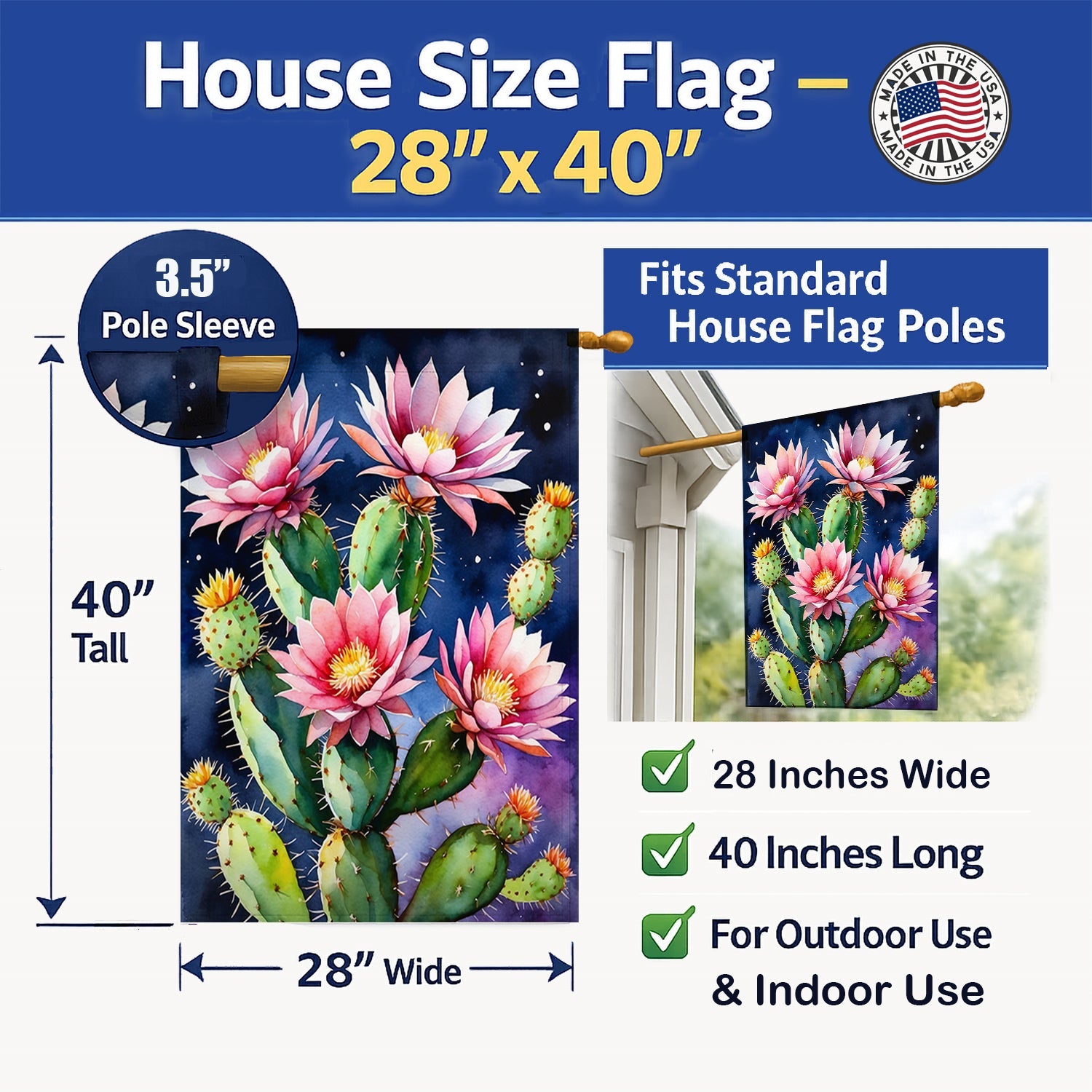 Queen of the Night Cactus House Flag 28x40 Porch Sleeve Pole Decorative Outside Yard Banner Artwork Wall Hanging, Polyester