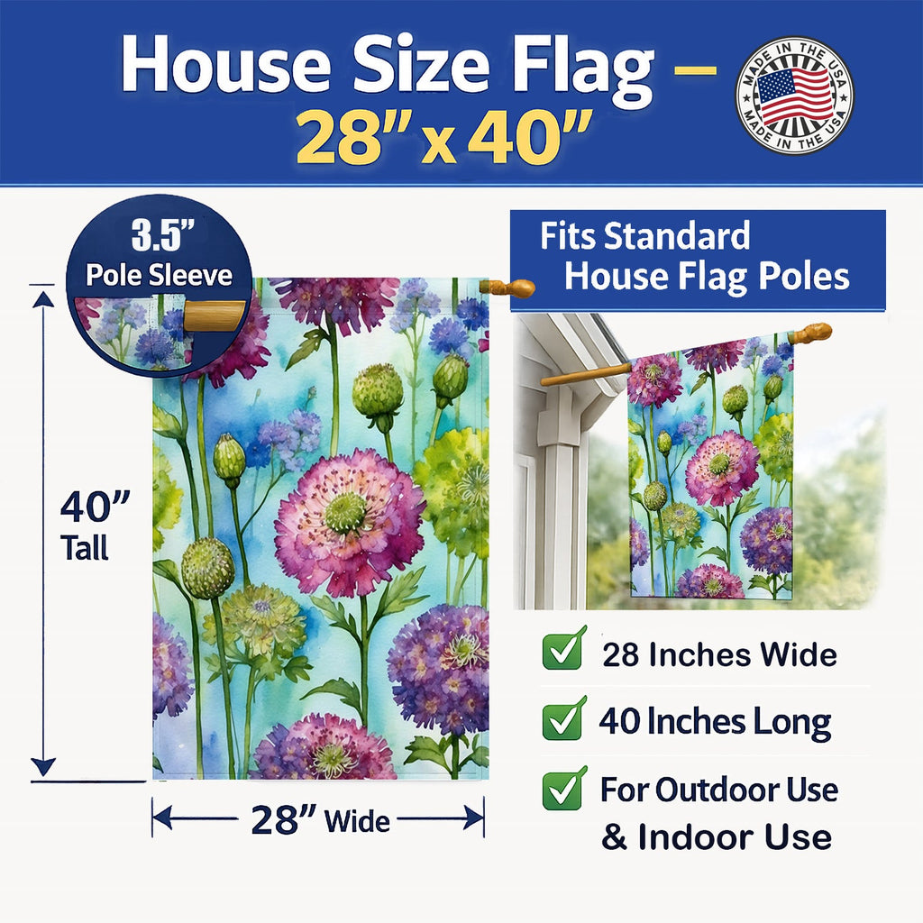Scabiosa Flowers House Flag 28x40 Porch Sleeve Pole Decorative Outside Yard Banner Artwork Wall Hanging, Polyester