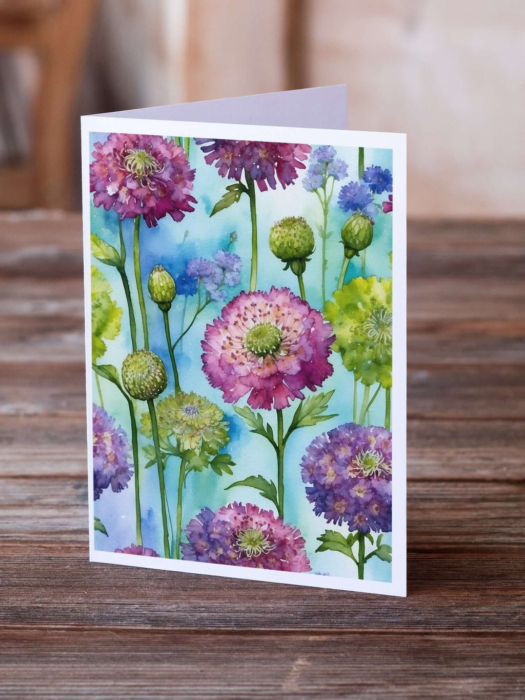 Scabiosa Flowers Greeting Cards Pack of 8 Blank Cards with Envelopes Whimsical A7 Size 5x7