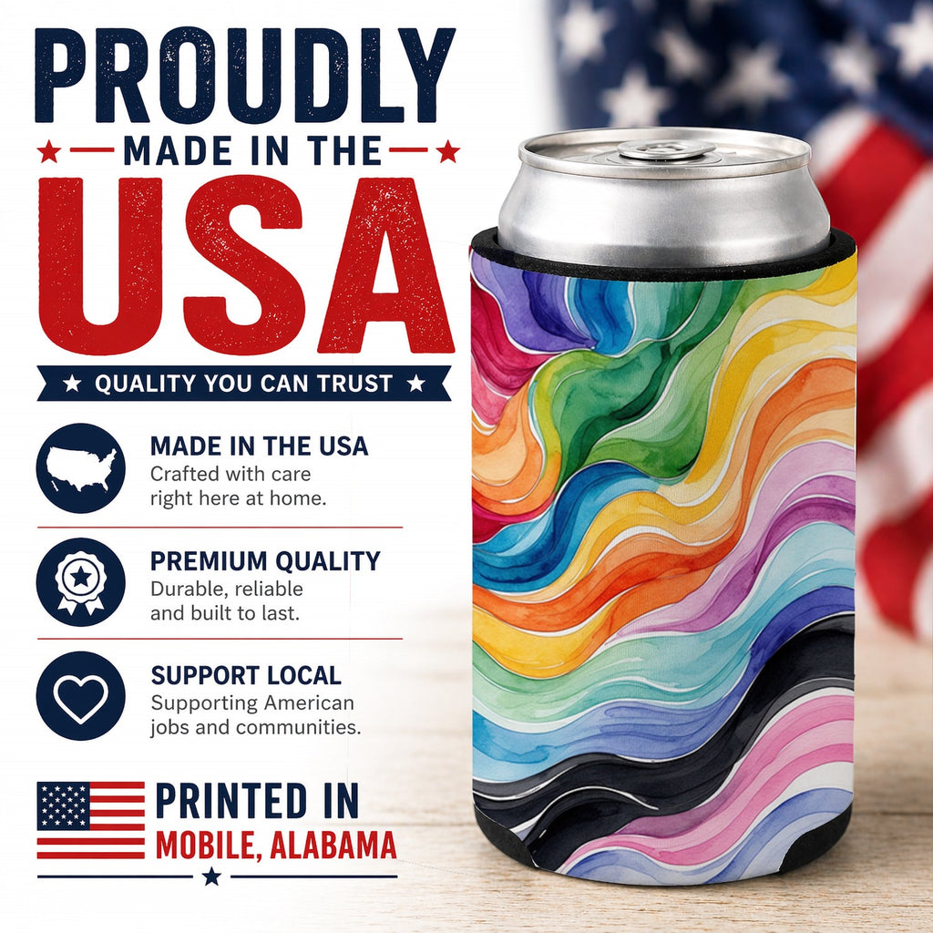 Progress Pride Waves of Unity Can or Bottle Hugger Cooler Sleeve for Standard 12 oz Cans, Insulated Foam Beer & Soda Can Hugger Reusable