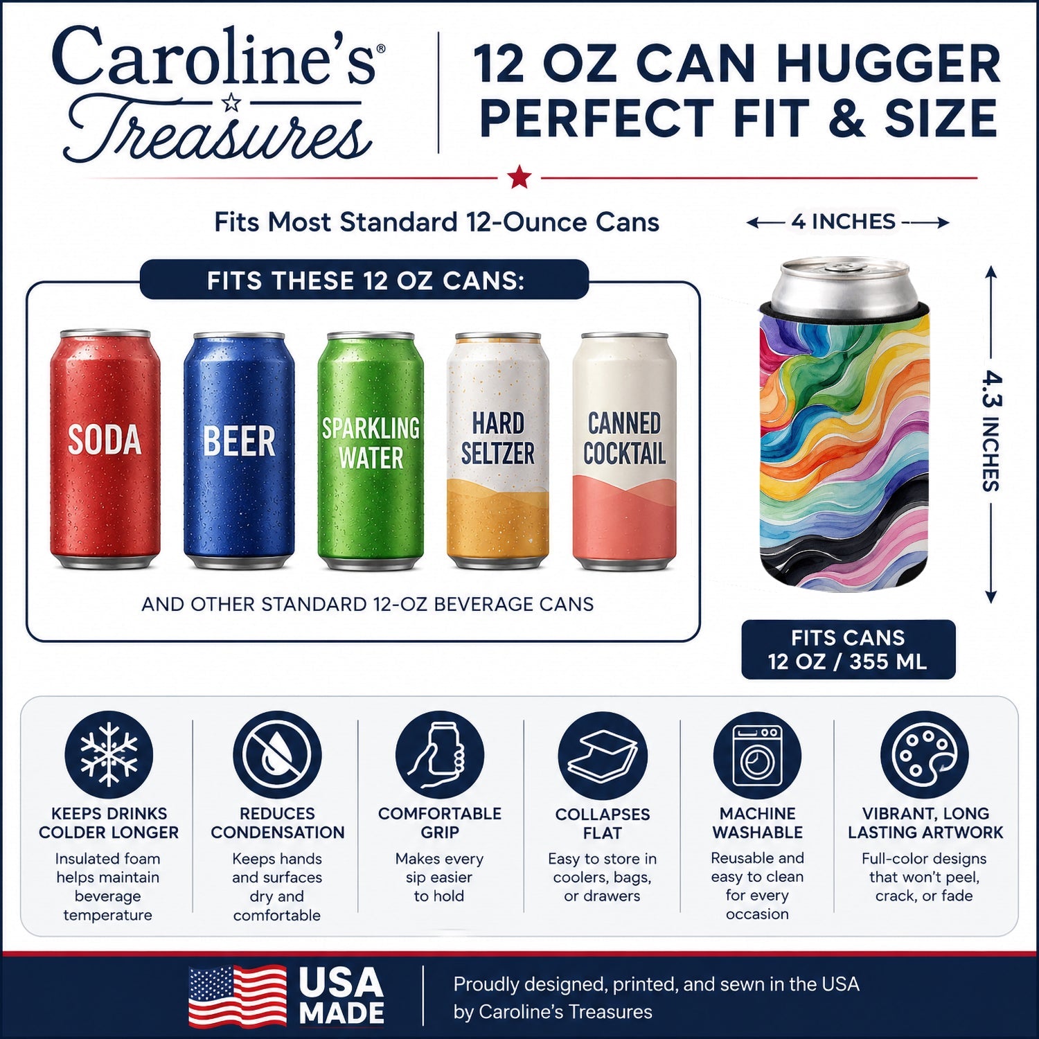 Progress Pride Waves of Unity Can or Bottle Hugger Cooler Sleeve for Standard 12 oz Cans, Insulated Foam Beer & Soda Can Hugger Reusable