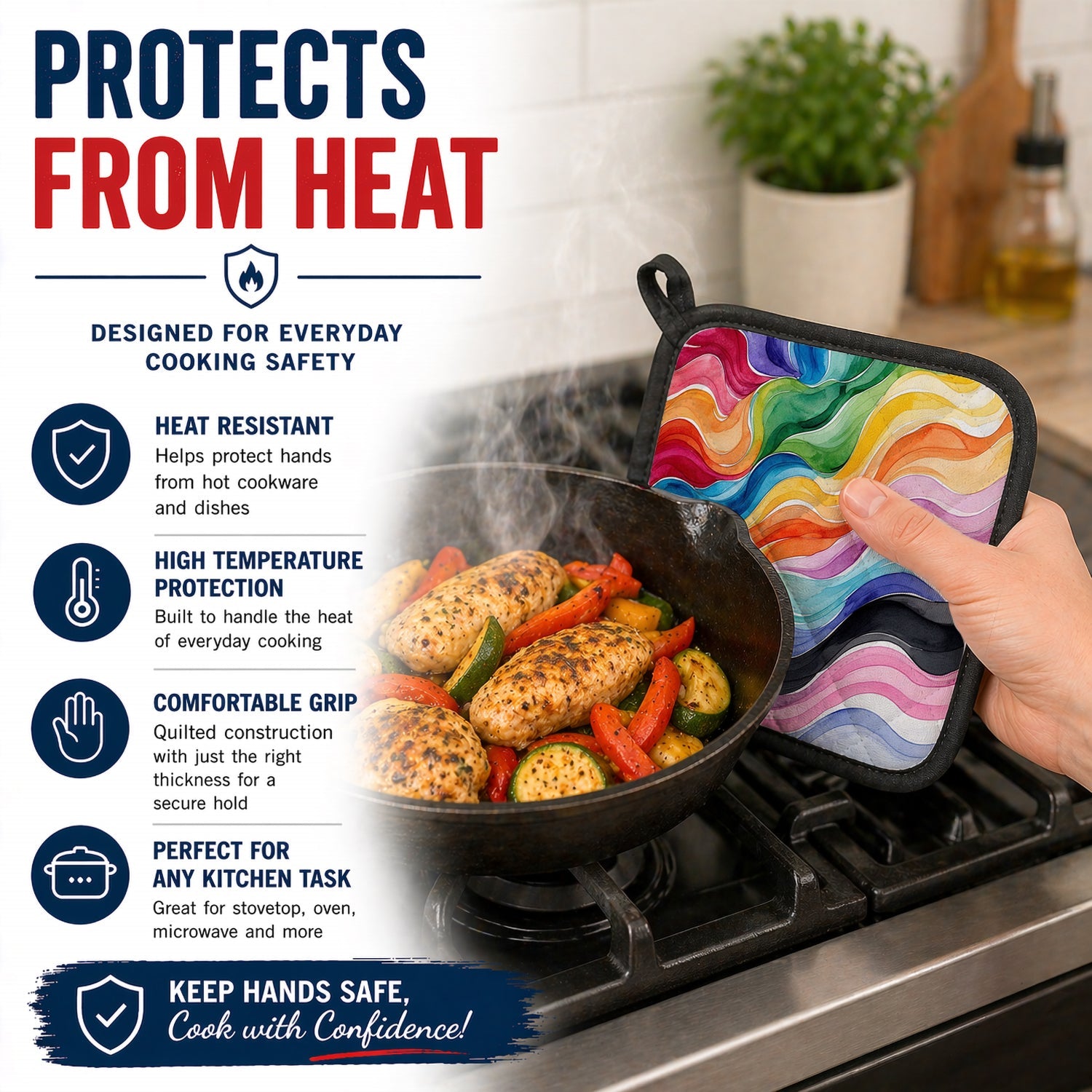 Progress Pride Waves of Unity Pot Holder Set of 2 Heat Resistant Quilted Hot Pads 7.5 x 7.5 Inch, Insulated Kitchen Trivets for Cooking & Baking