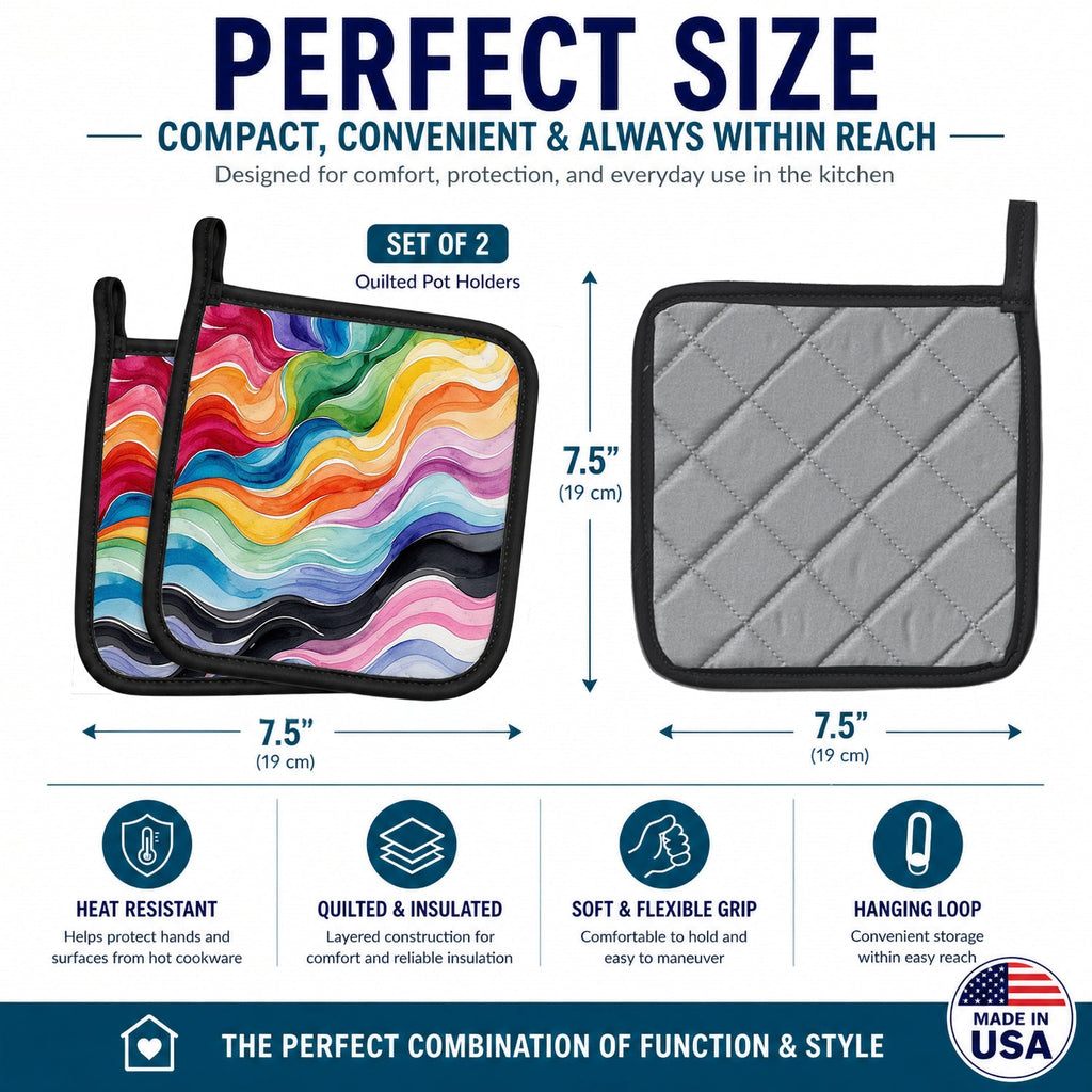 Progress Pride Waves of Unity Pot Holder Set of 2 Heat Resistant Quilted Hot Pads 7.5 x 7.5 Inch, Insulated Kitchen Trivets for Cooking & Baking