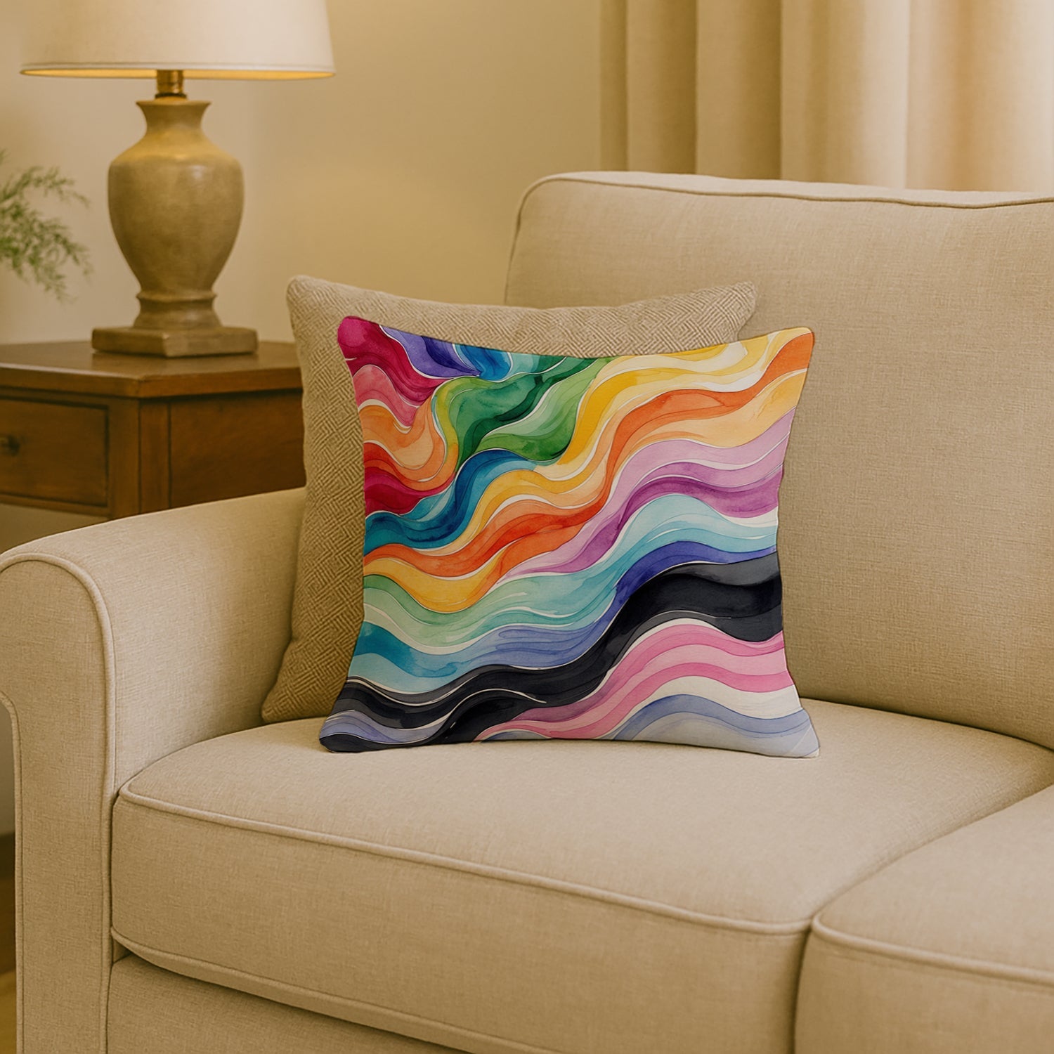 Progress Pride Waves of Unity Decorative Throw Pillow 18x18 Indoor Outdoor Accent Cushion, Fabric Cover with Insert for Sofa, Bed, Porch & Living Room