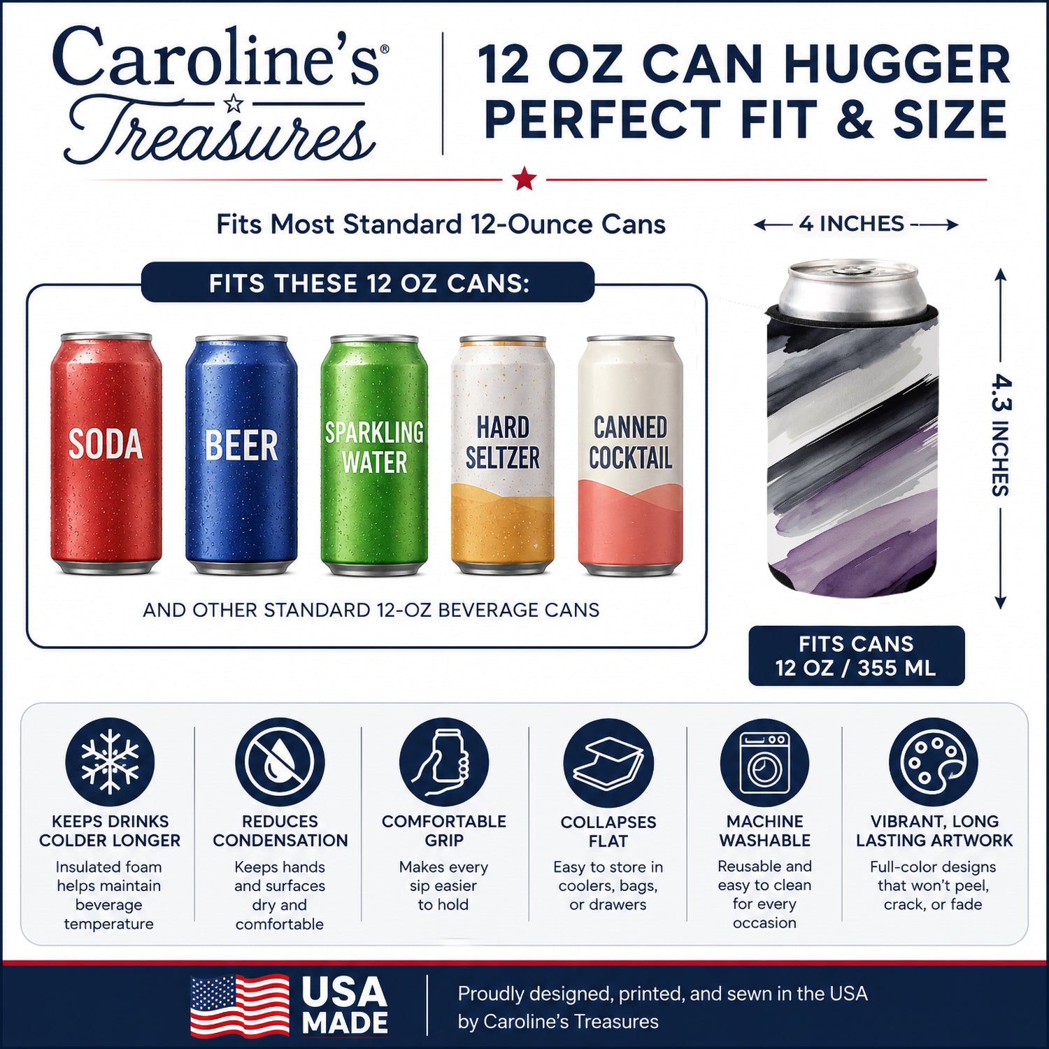Asexual Pride Can or Bottle Hugger Cooler Sleeve for Standard 12 oz Cans, Insulated Foam Beer & Soda Can Hugger Reusable