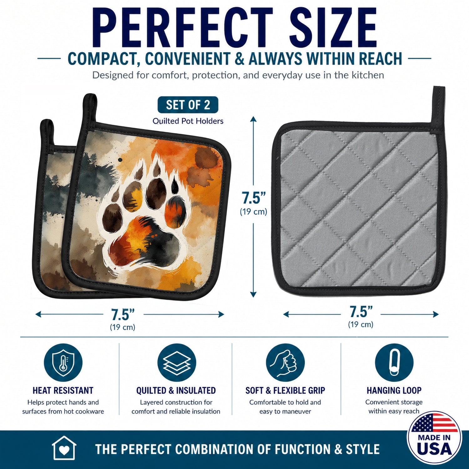 Bear Pride Pot Holder Set of 2 Heat Resistant Quilted Hot Pads 7.5 x 7.5 Inch, Insulated Kitchen Trivets for Cooking & Baking