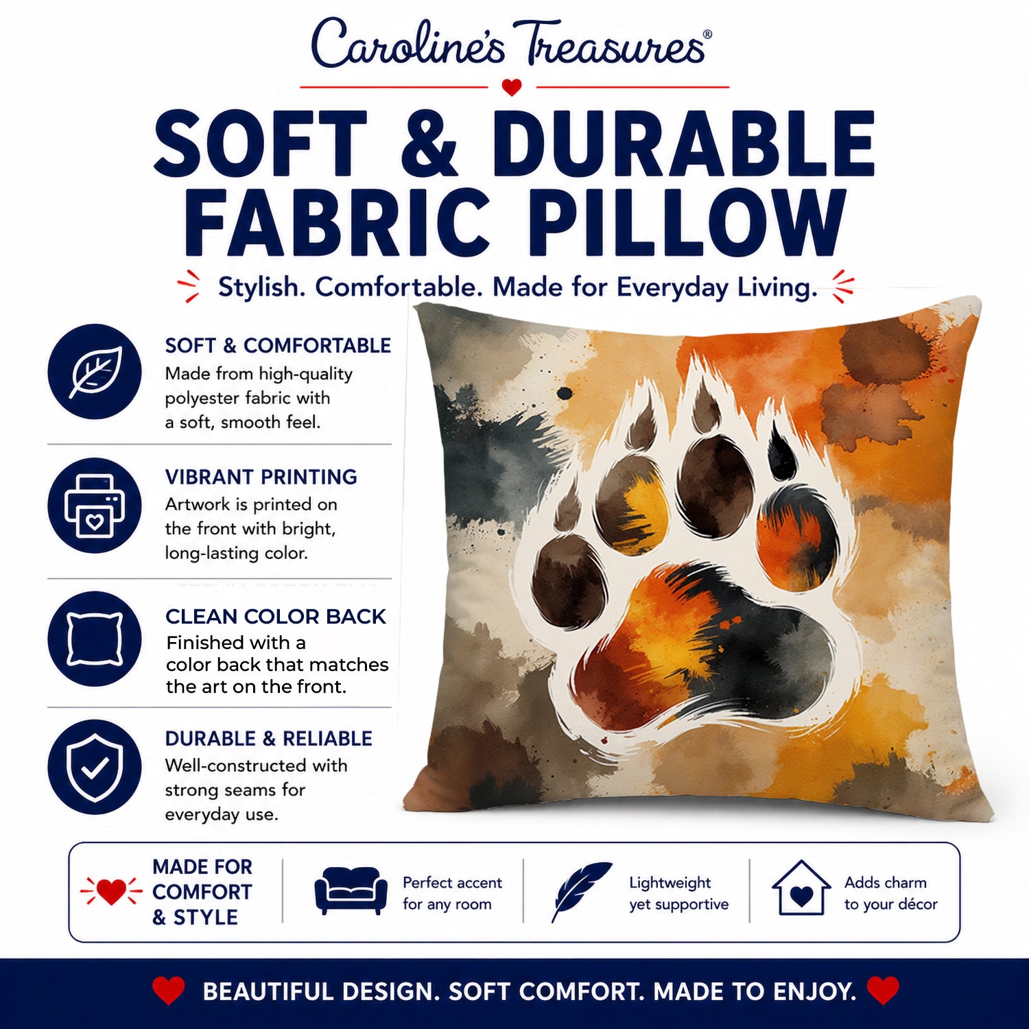Bear Pride Decorative Throw Pillow 14x14 Indoor Outdoor Accent Cushion, Fabric Cover with Insert for Sofa, Bed, Porch & Living Room