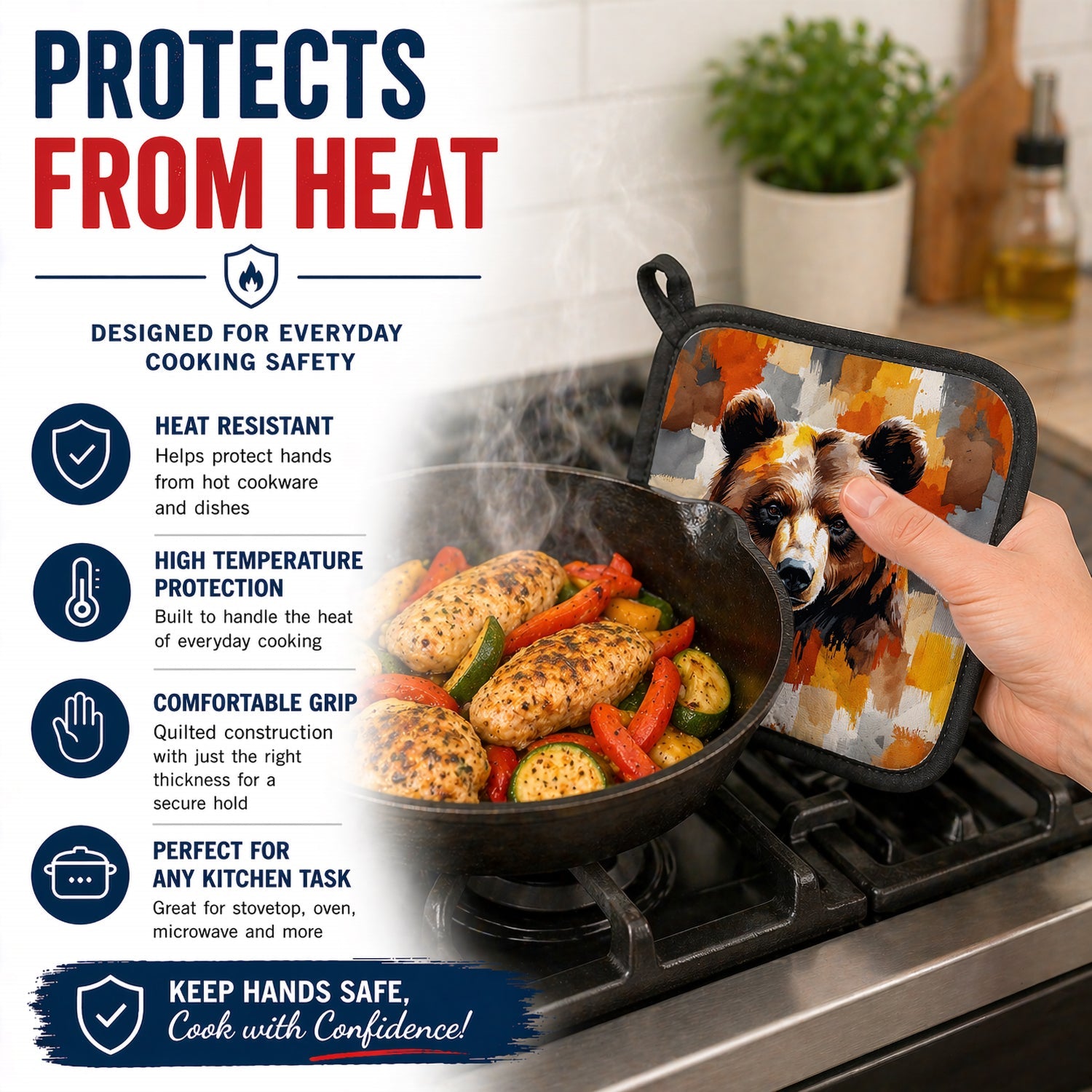Bear Uniquely Bear Pride Pot Holder Set of 2 Heat Resistant Quilted Hot Pads 7.5 x 7.5 Inch, Insulated Kitchen Trivets for Cooking & Baking
