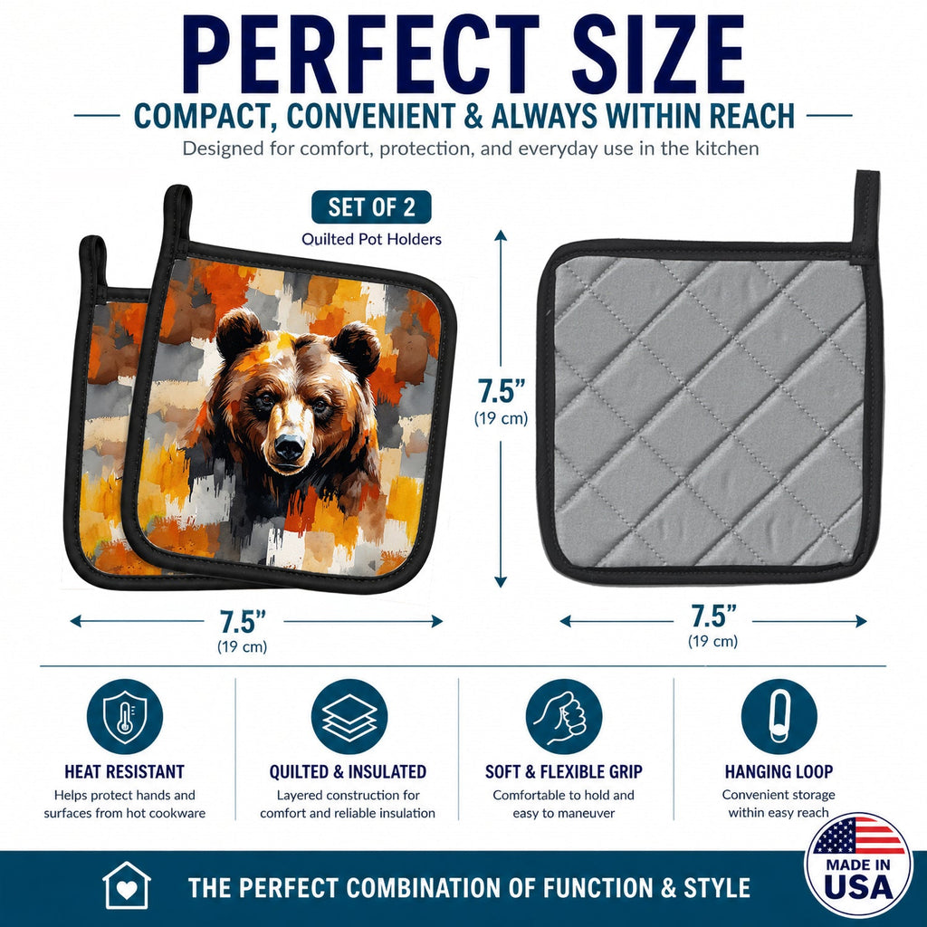 Bear Uniquely Bear Pride Pot Holder Set of 2 Heat Resistant Quilted Hot Pads 7.5 x 7.5 Inch, Insulated Kitchen Trivets for Cooking & Baking