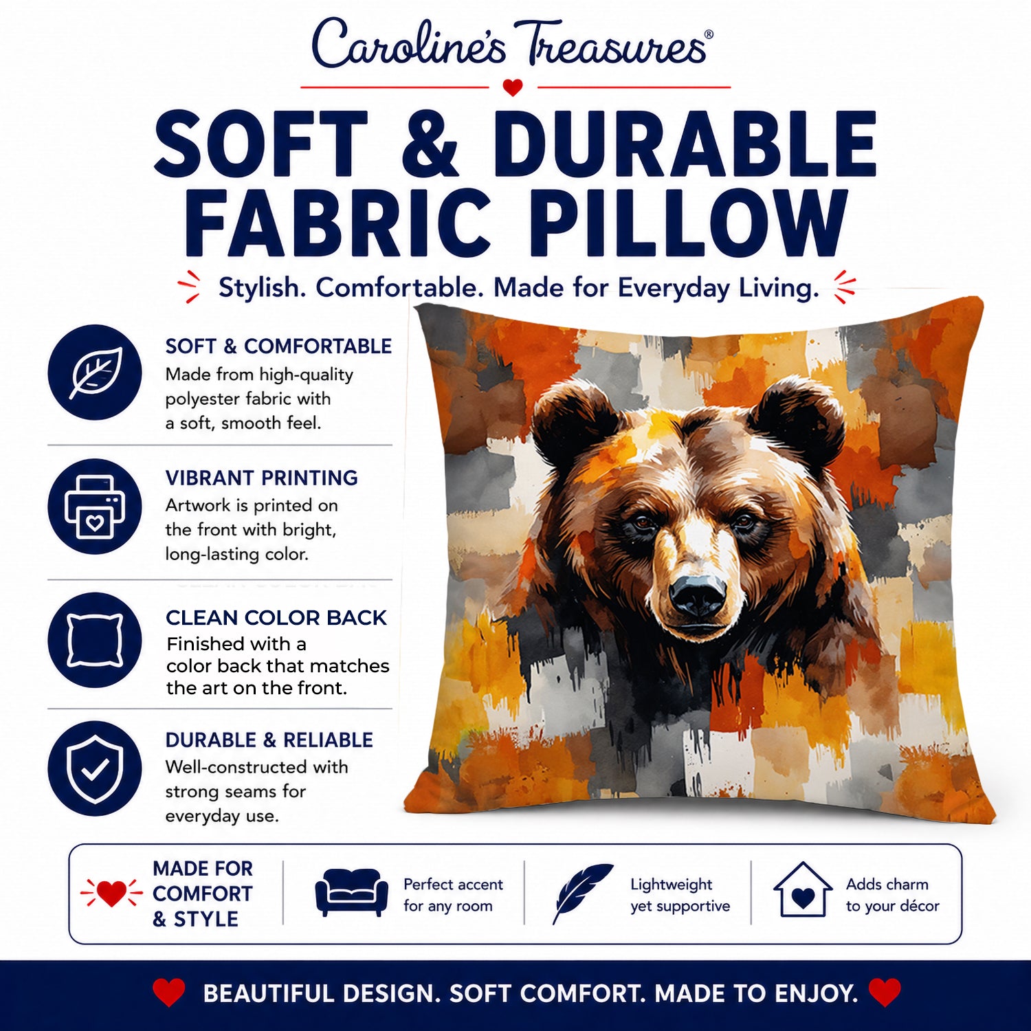 Bear Uniquely Bear Pride Decorative Throw Pillow 14x14 Indoor Outdoor Accent Cushion, Fabric Cover with Insert for Sofa, Bed, Porch & Living Room
