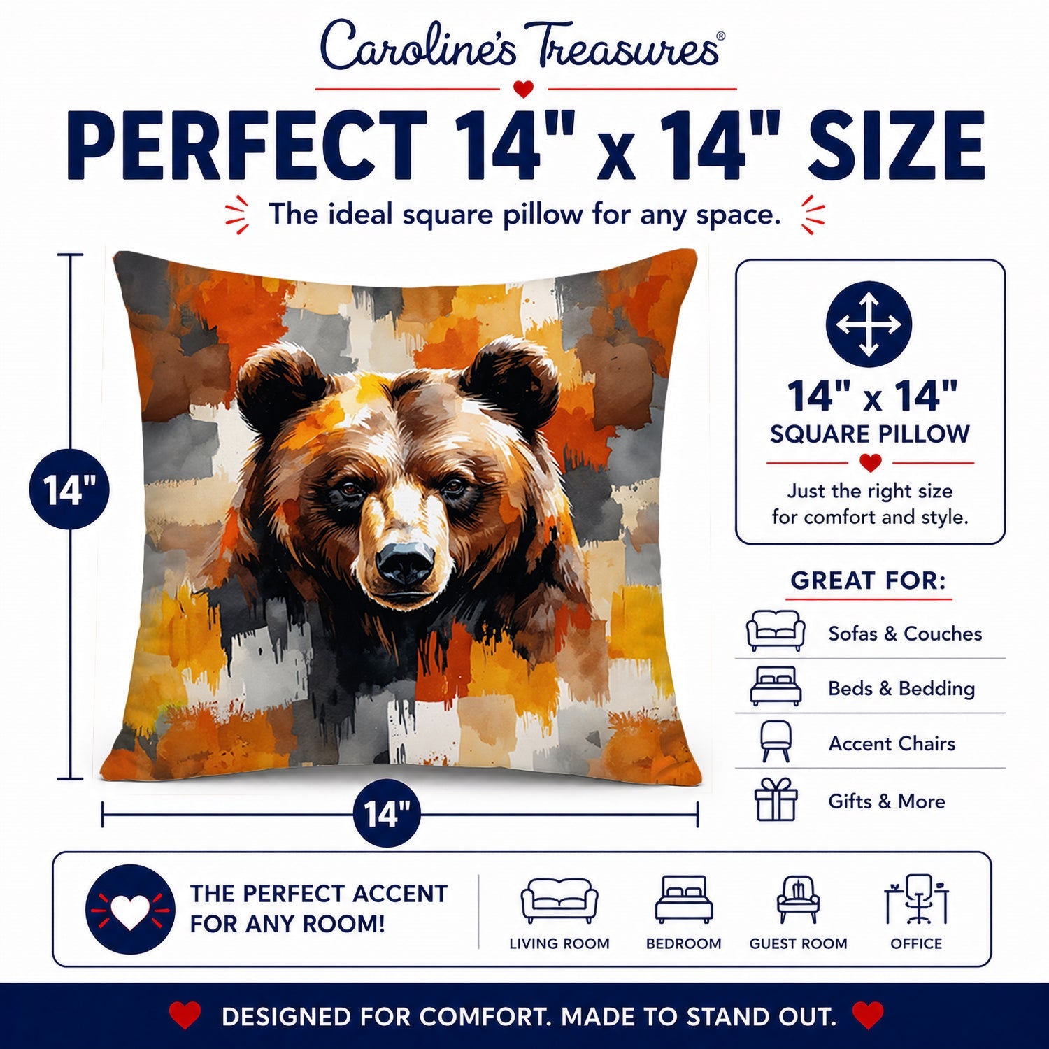 Bear Uniquely Bear Pride Decorative Throw Pillow 14x14 Indoor Outdoor Accent Cushion, Fabric Cover with Insert for Sofa, Bed, Porch & Living Room