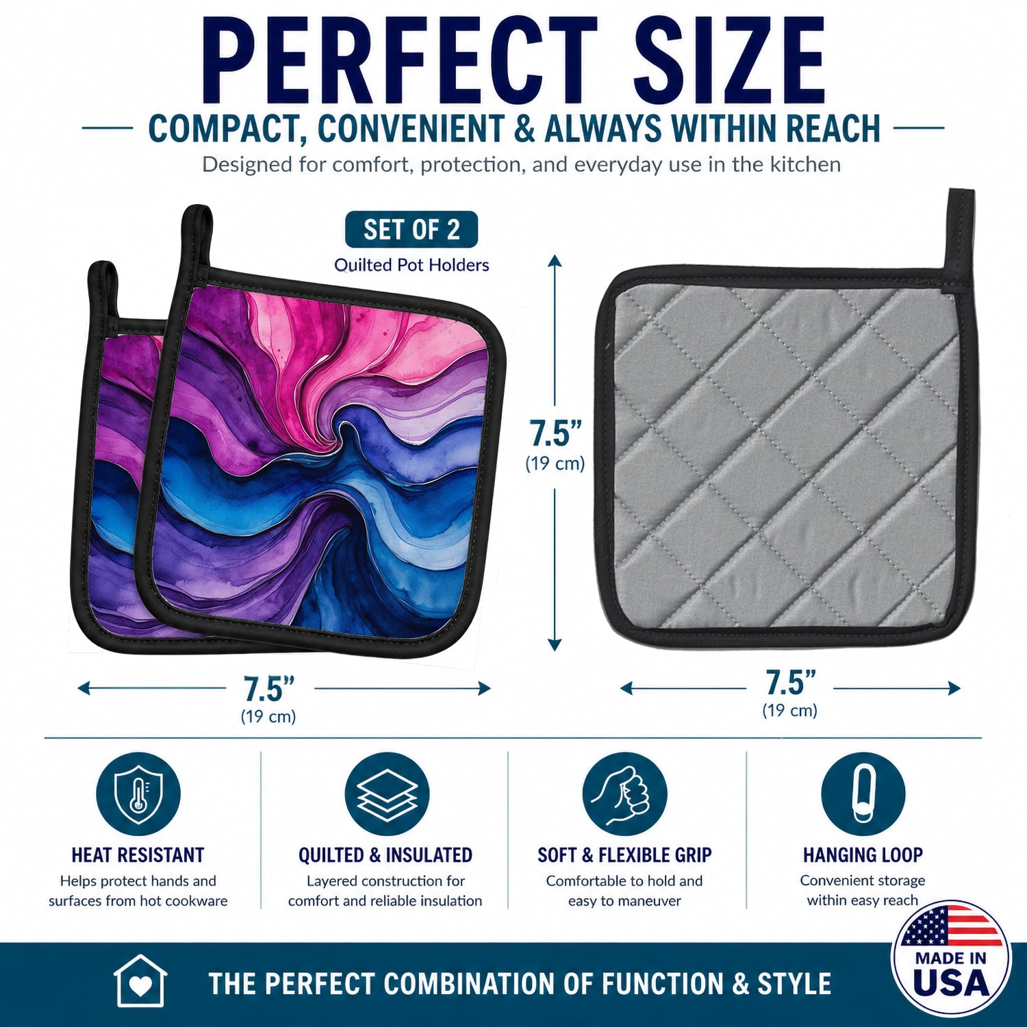 Bisexual Pride Pot Holder Set of 2 Heat Resistant Quilted Hot Pads 7.5 x 7.5 Inch, Insulated Kitchen Trivets for Cooking & Baking