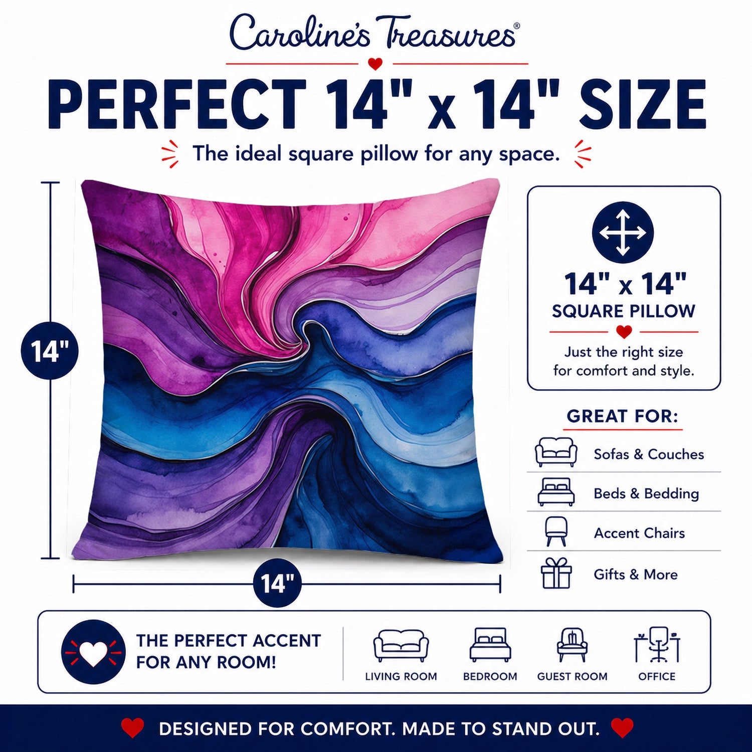 Bisexual Pride Decorative Throw Pillow 14x14 Indoor Outdoor Accent Cushion, Fabric Cover with Insert for Sofa, Bed, Porch & Living Room