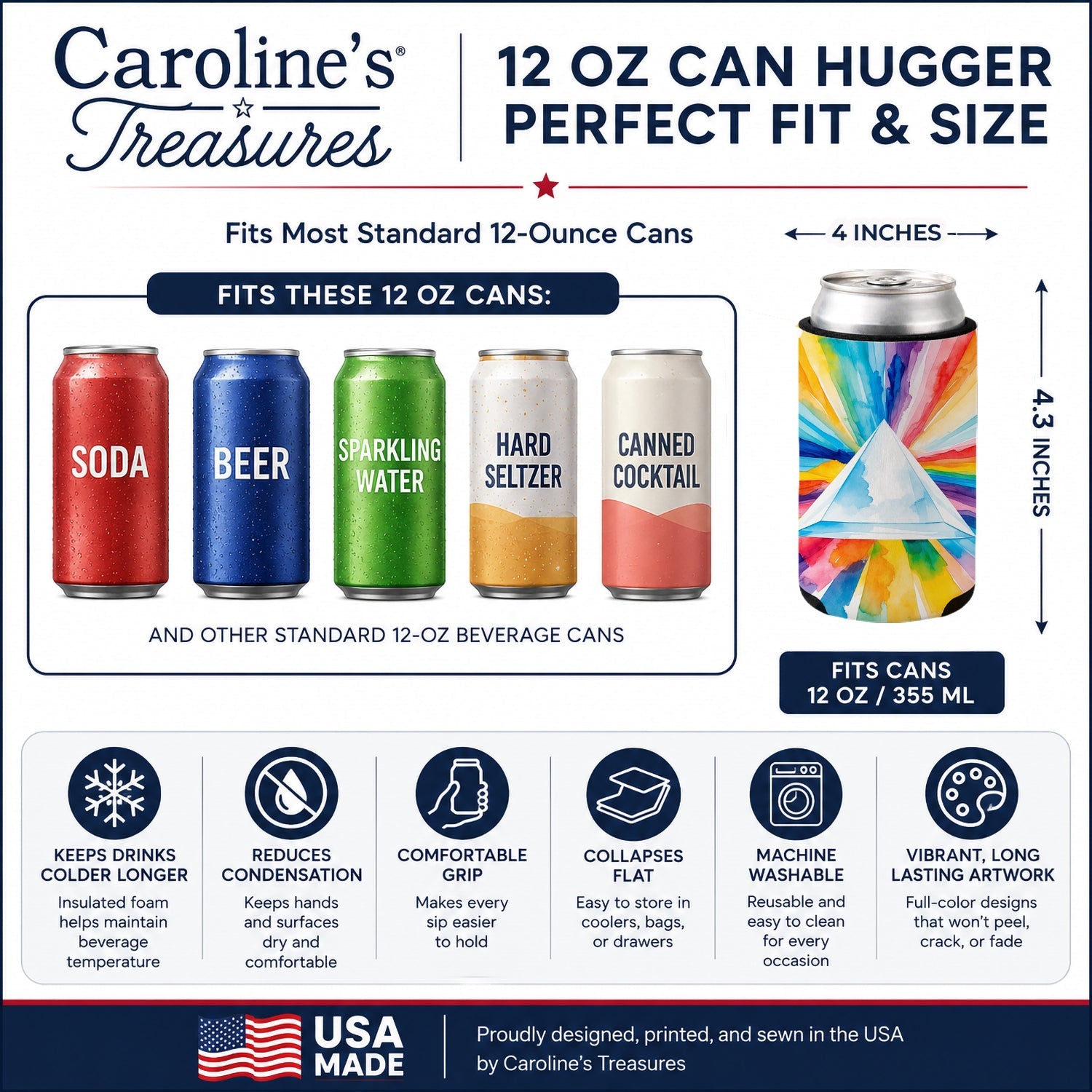Gay Pride Intersectional Prism  Can or Bottle Hugger Cooler Sleeve for Standard 12 oz Cans, Insulated Foam Beer & Soda Can Hugger Reusable