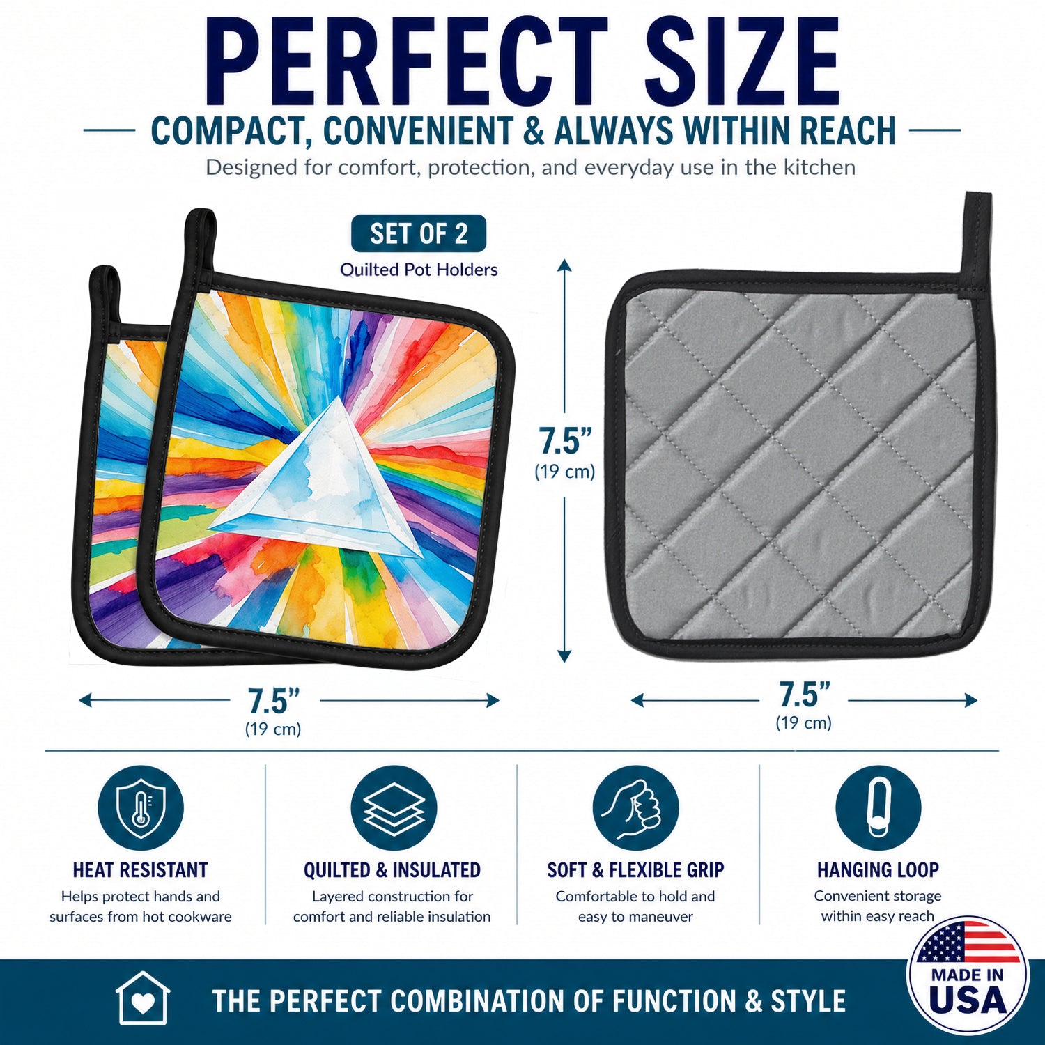 Gay Pride Intersectional Prism  Pot Holder Set of 2 Heat Resistant Quilted Hot Pads 7.5 x 7.5 Inch, Insulated Kitchen Trivets for Cooking & Baking