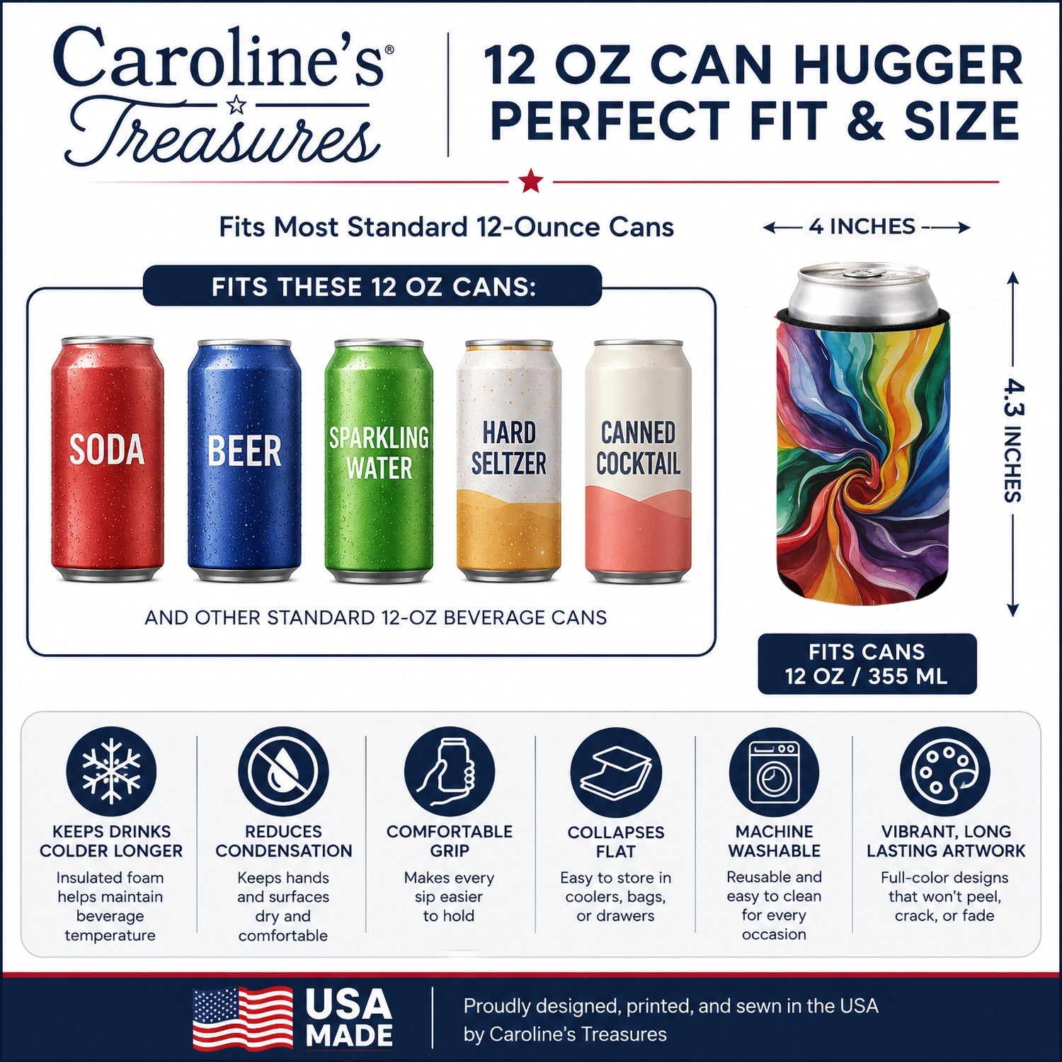 Gay Pride Can or Bottle Hugger Cooler Sleeve for Standard 12 oz Cans, Insulated Foam Beer & Soda Can Hugger Reusable