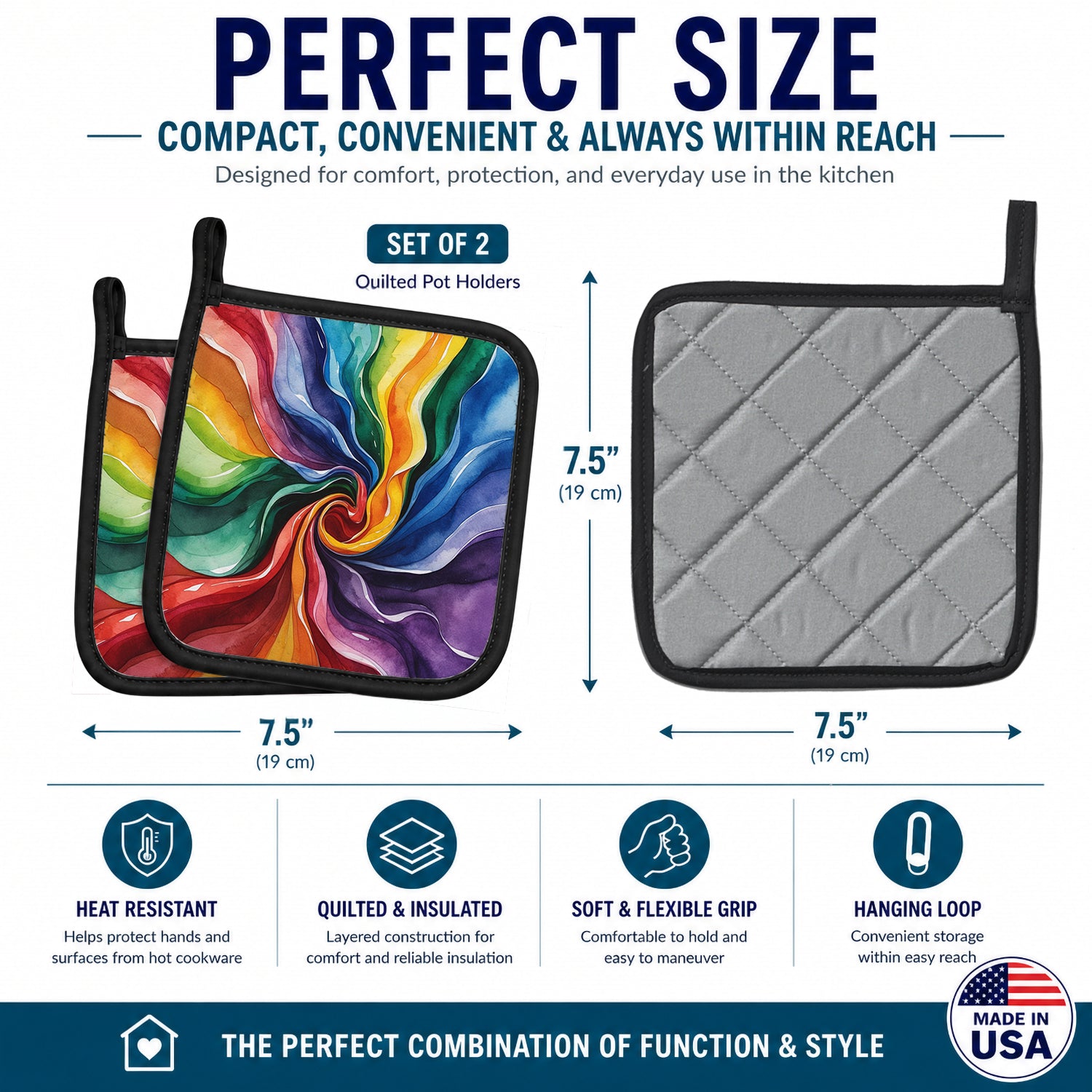 Gay Pride Pot Holder Set of 2 Heat Resistant Quilted Hot Pads 7.5 x 7.5 Inch, Insulated Kitchen Trivets for Cooking & Baking