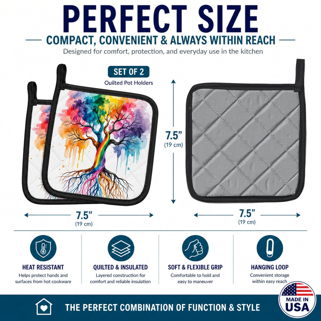 Rooted in Gay Pride Pot Holder Set of 2 Heat Resistant Quilted Hot Pads 7.5 x 7.5 Inch, Insulated Kitchen Trivets for Cooking & Baking