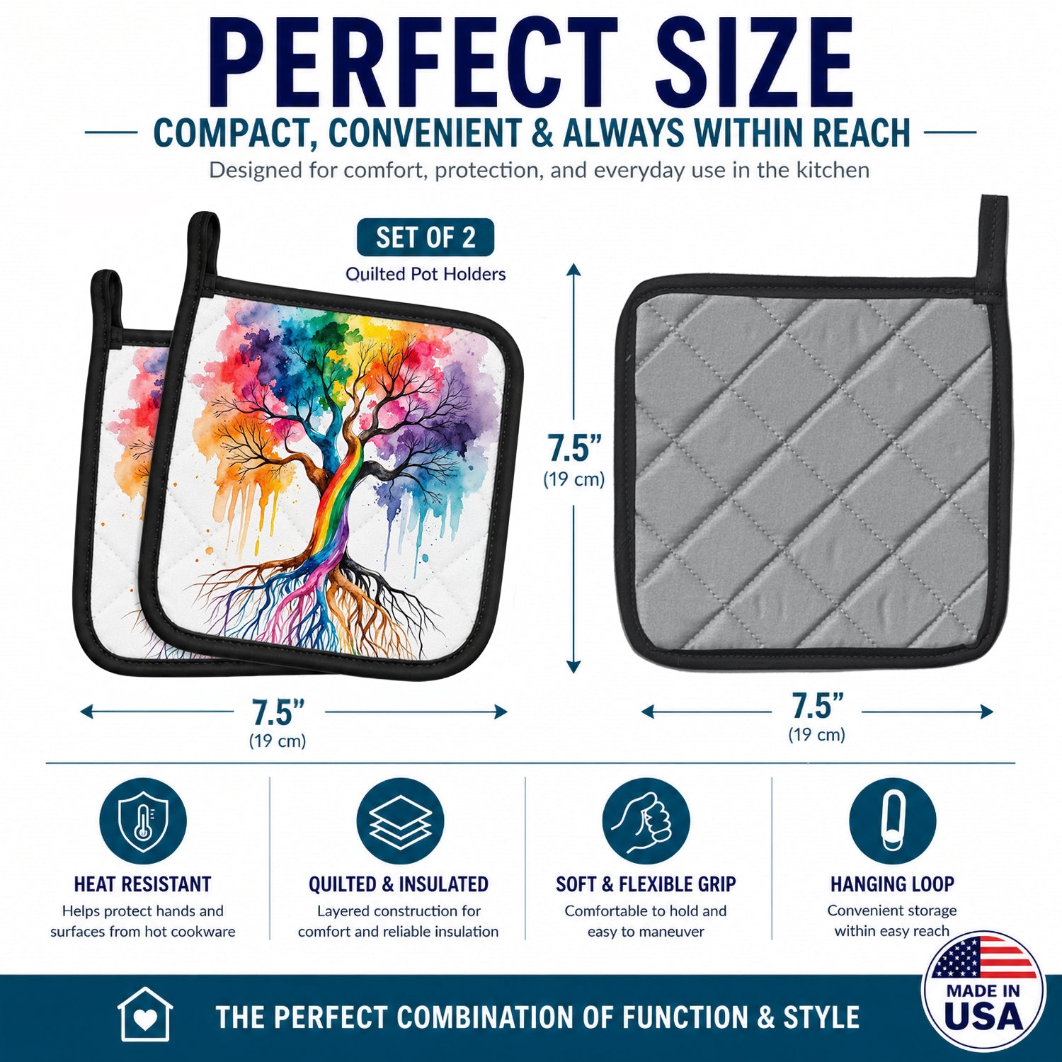Rooted in Gay Pride Pot Holder Set of 2 Heat Resistant Quilted Hot Pads 7.5 x 7.5 Inch, Insulated Kitchen Trivets for Cooking & Baking
