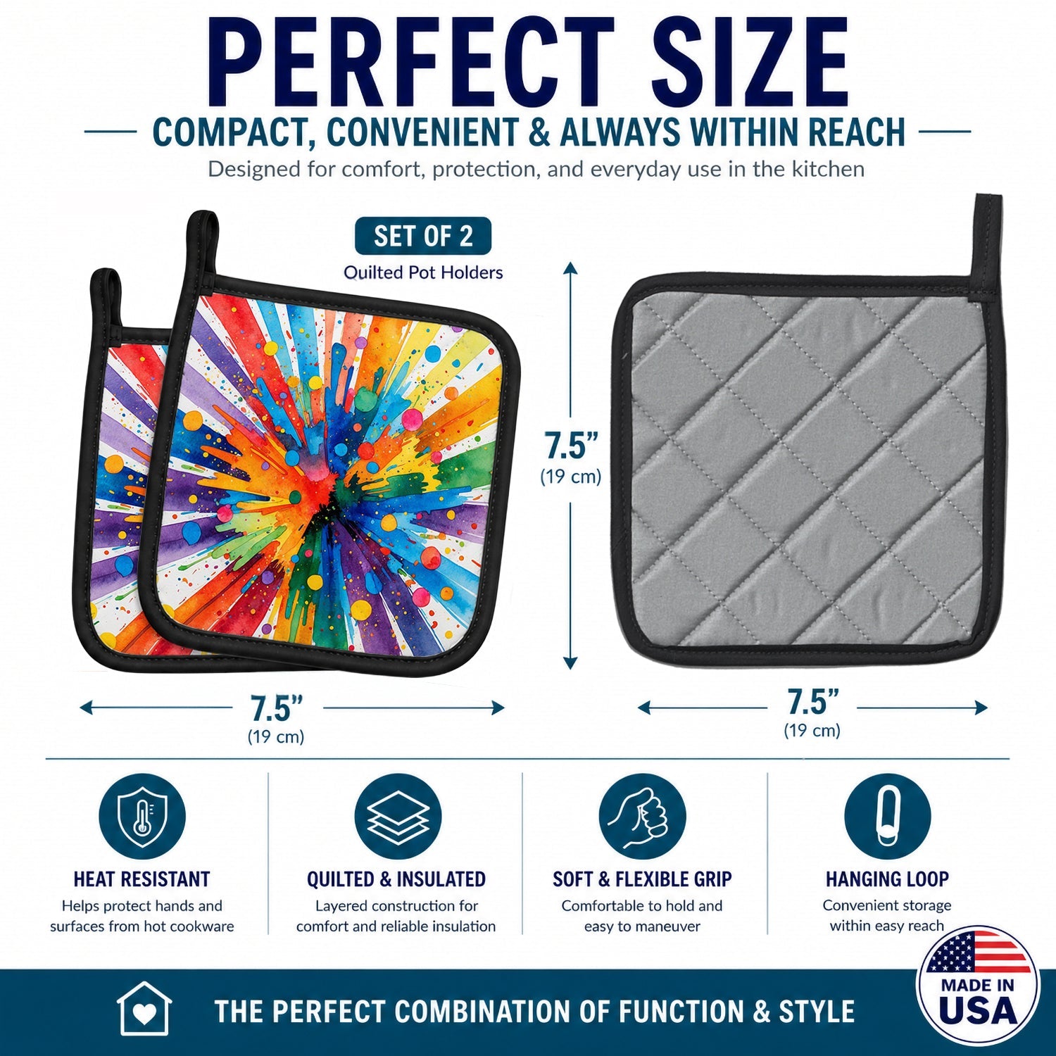 Gay Pride Joy as Resistance Pot Holder Set of 2 Heat Resistant Quilted Hot Pads 7.5 x 7.5 Inch, Insulated Kitchen Trivets for Cooking & Baking