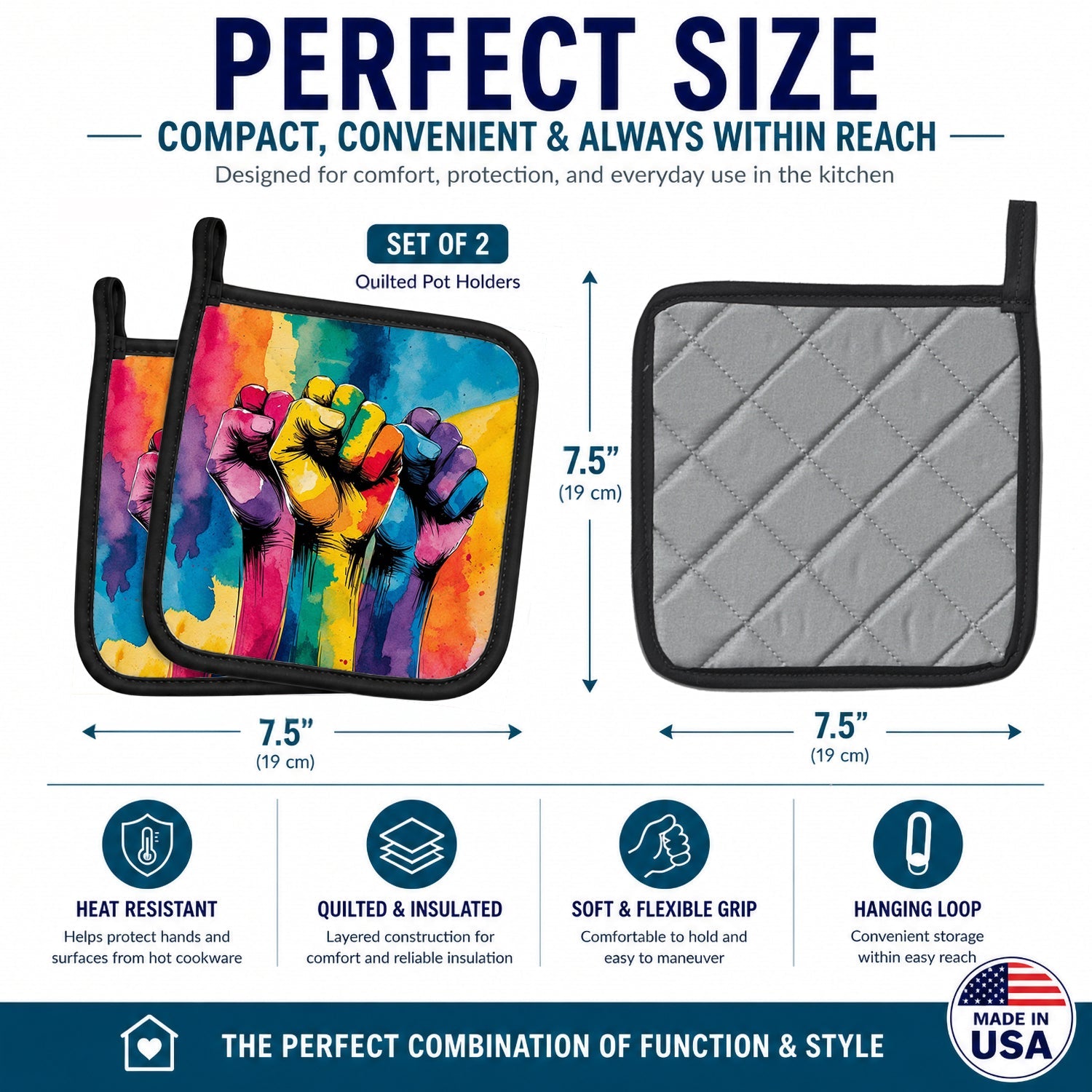 Gay Rights are Human Rights Pot Holder Set of 2 Heat Resistant Quilted Hot Pads 7.5 x 7.5 Inch, Insulated Kitchen Trivets for Cooking & Baking