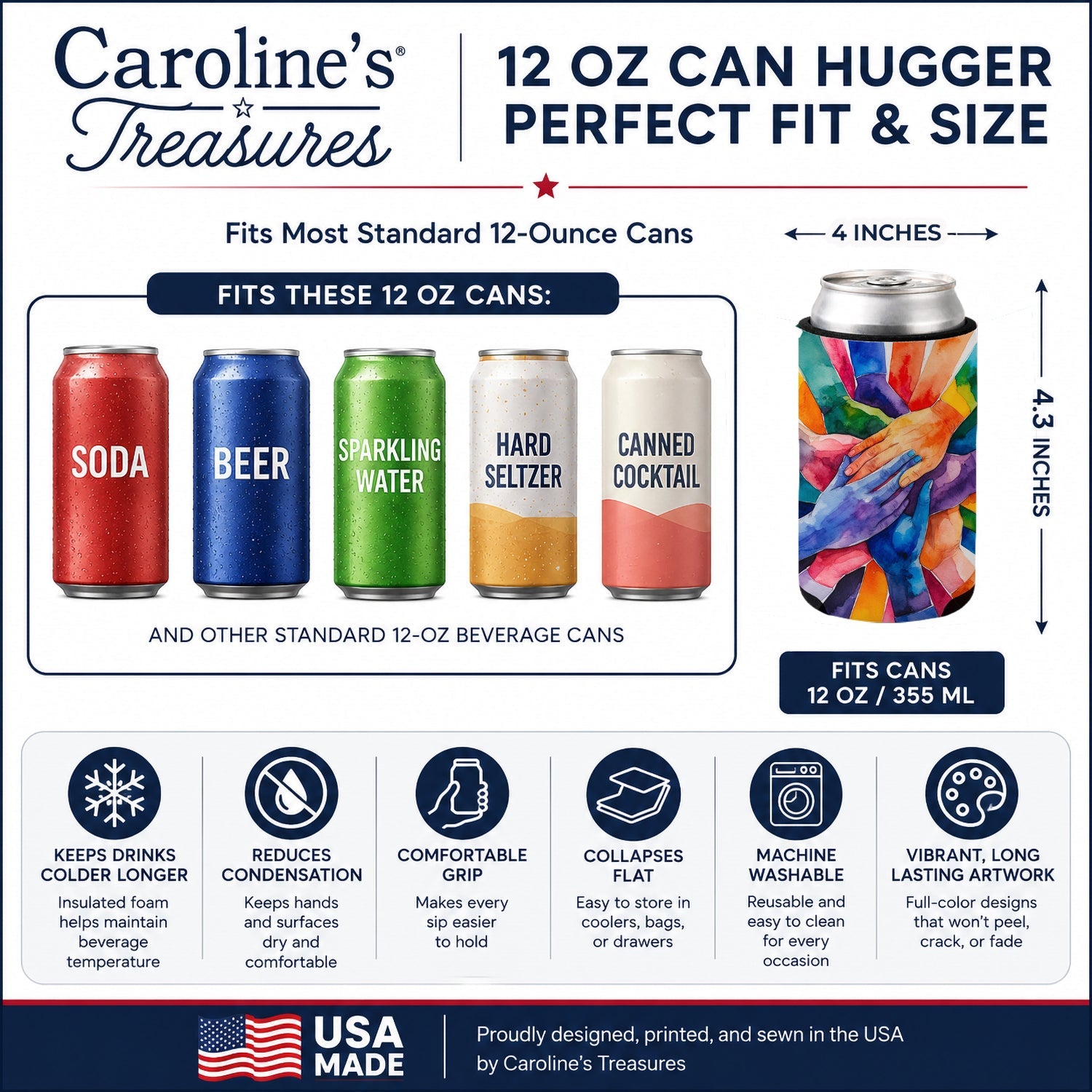 Together, Stronger Pride Can or Bottle Hugger Cooler Sleeve for Standard 12 oz Cans, Insulated Foam Beer & Soda Can Hugger Reusable