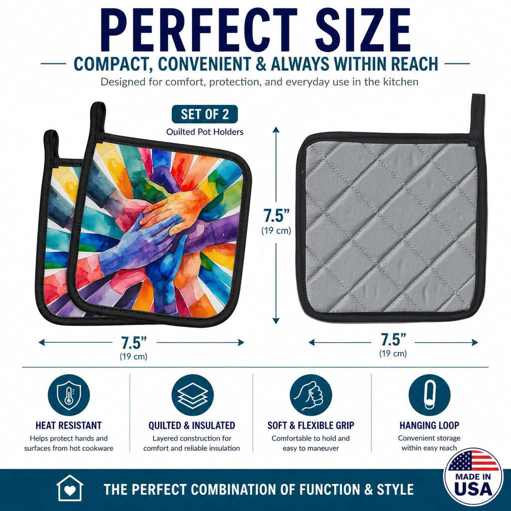 Together, Stronger Pride Pot Holder Set of 2 Heat Resistant Quilted Hot Pads 7.5 x 7.5 Inch, Insulated Kitchen Trivets for Cooking & Baking