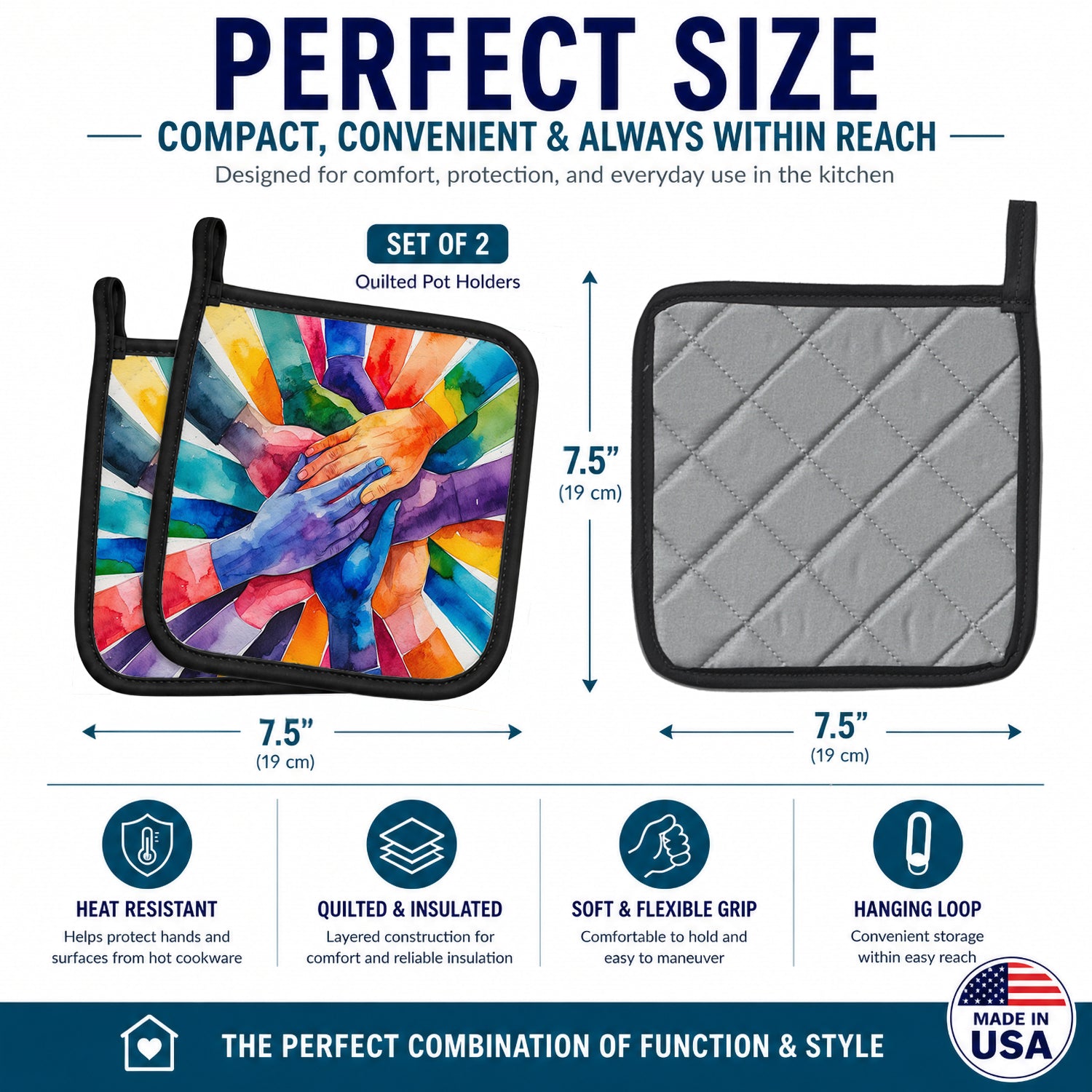 Together, Stronger Pride Pot Holder Set of 2 Heat Resistant Quilted Hot Pads 7.5 x 7.5 Inch, Insulated Kitchen Trivets for Cooking & Baking