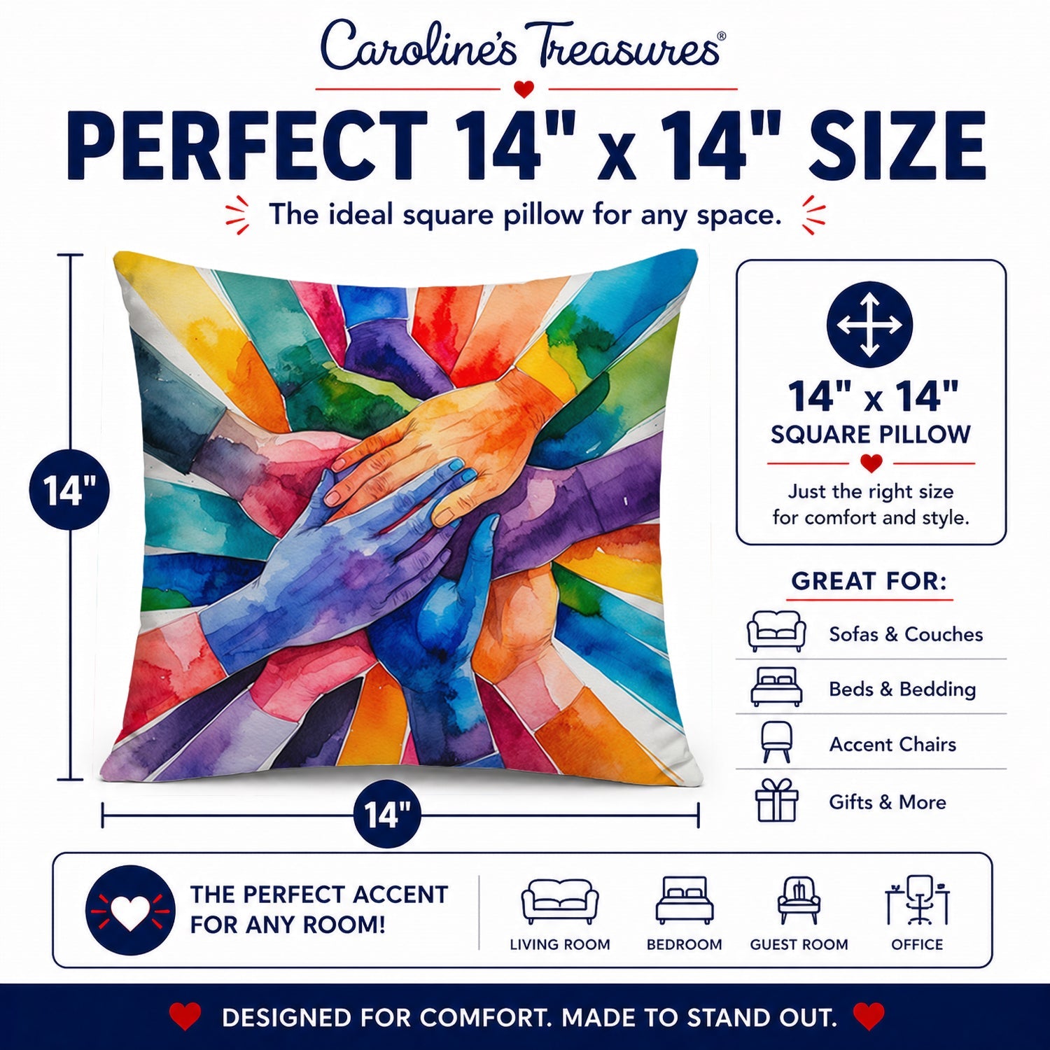 Together, Stronger Pride Decorative Throw Pillow 14x14 Indoor Outdoor Accent Cushion, Fabric Cover with Insert for Sofa, Bed, Porch & Living Room