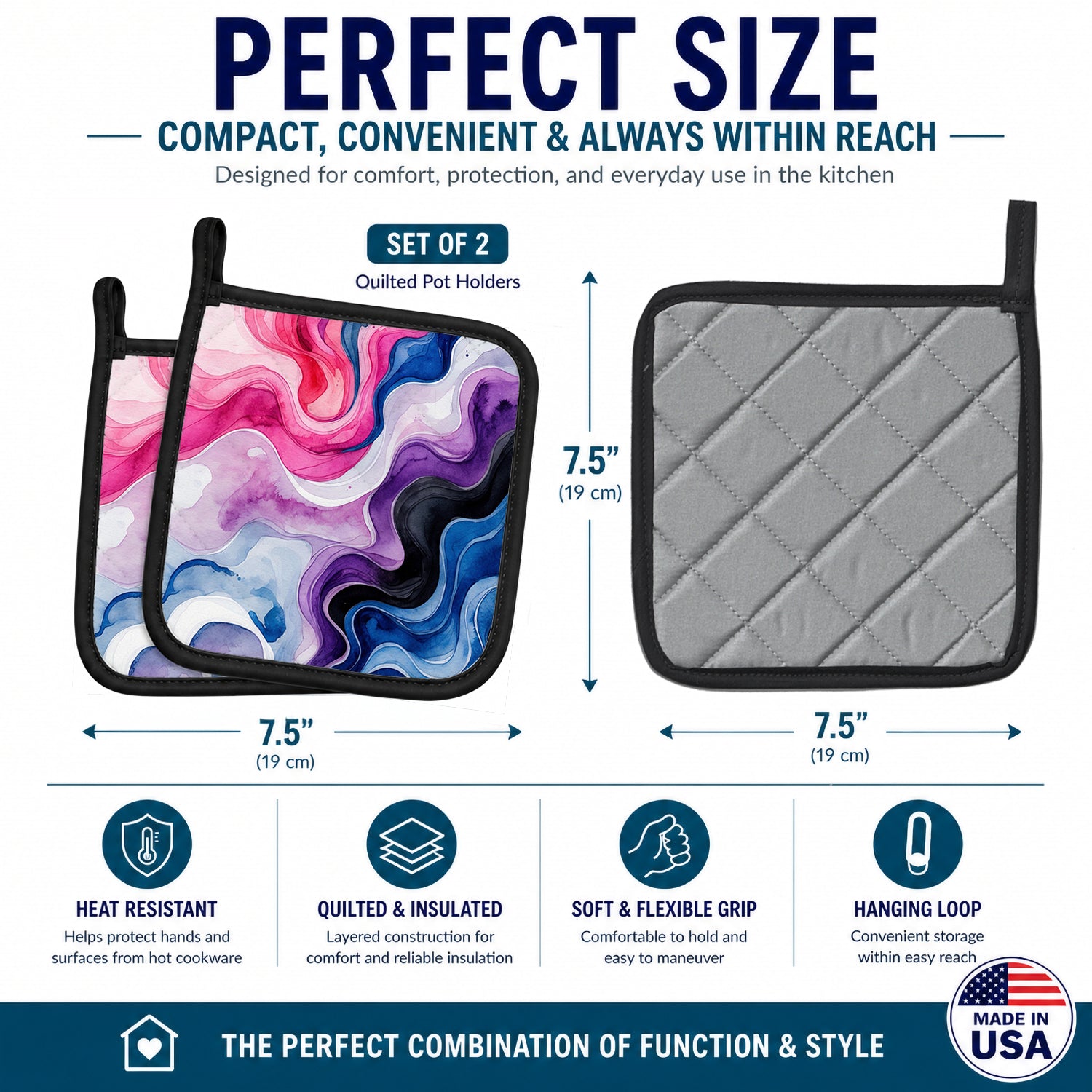 Genderfluid Pride Pot Holder Set of 2 Heat Resistant Quilted Hot Pads 7.5 x 7.5 Inch, Insulated Kitchen Trivets for Cooking & Baking