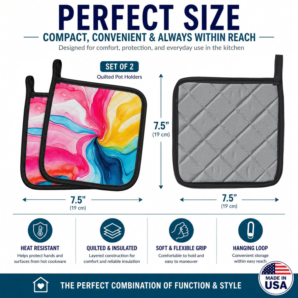 Pansexual Pride Pot Holder Set of 2 Heat Resistant Quilted Hot Pads 7.5 x 7.5 Inch, Insulated Kitchen Trivets for Cooking & Baking