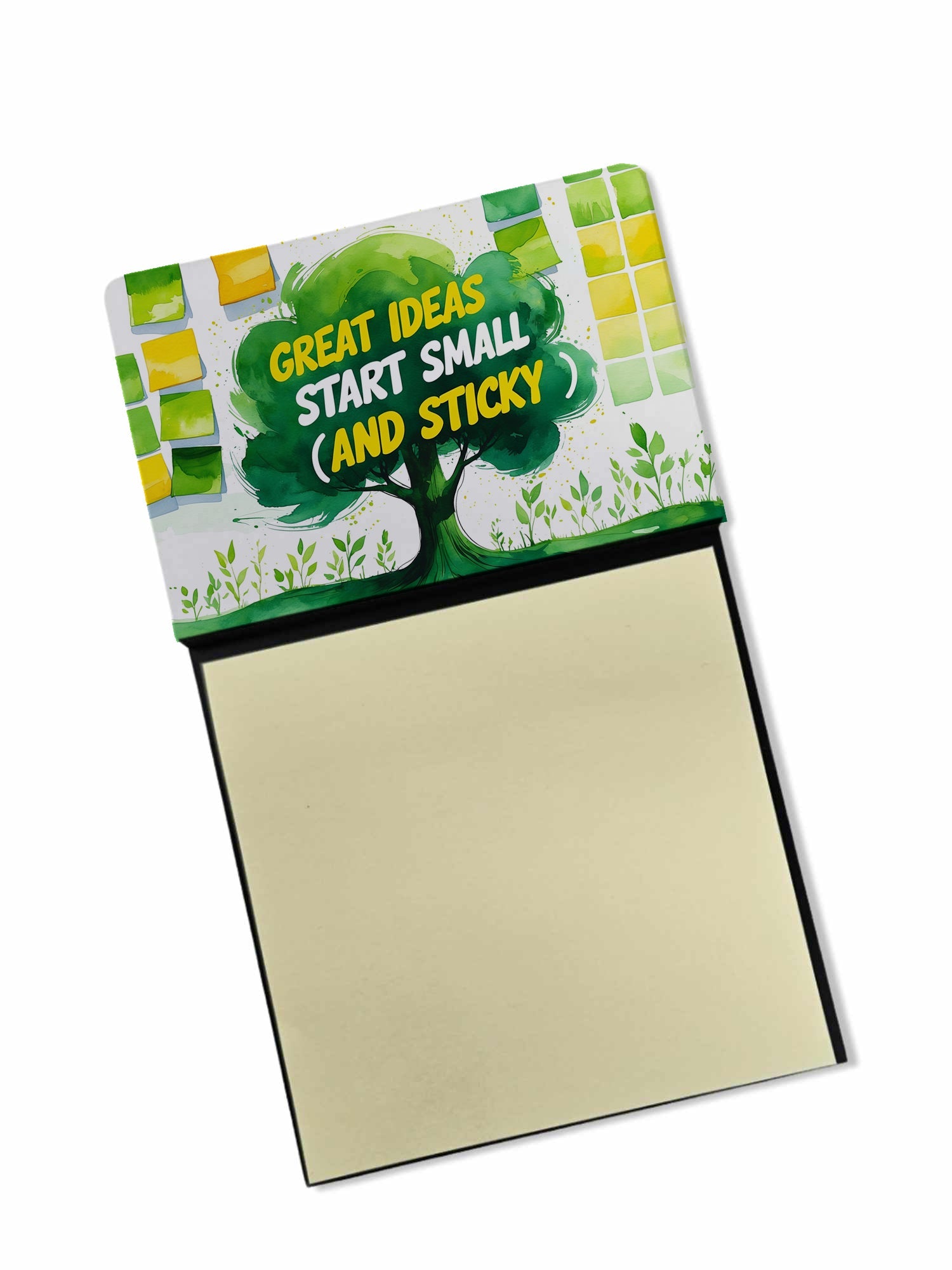 Great Ideas Start Small and Sticky Funny Sticky Note Holder Refillable Desk Dispenser Accessory with 3x3 Notes