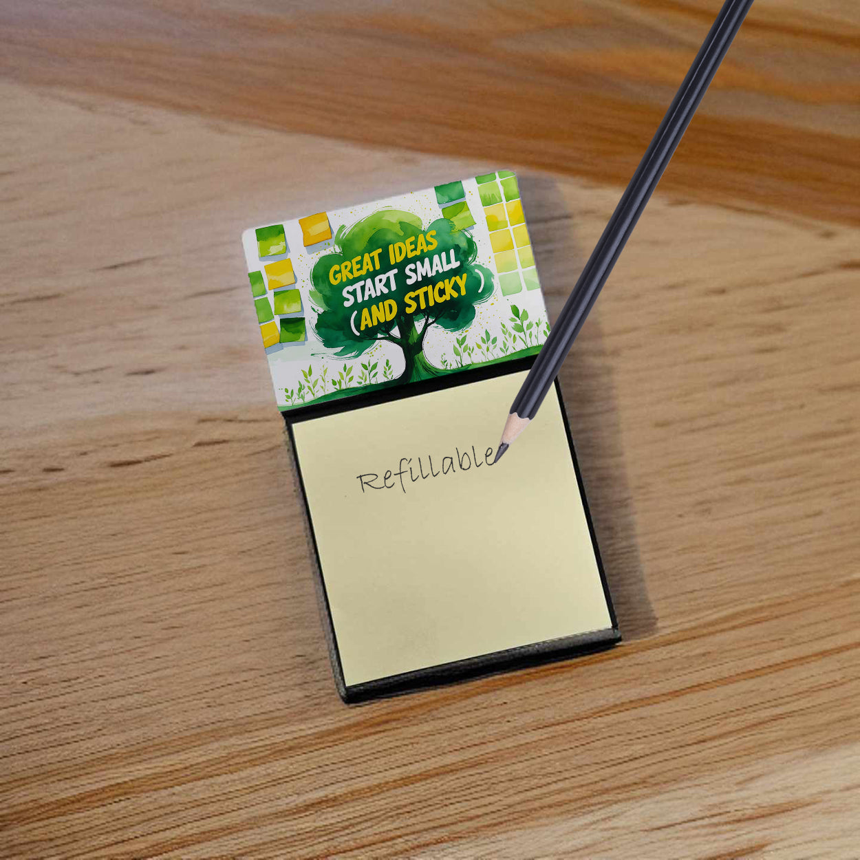 Great Ideas Start Small and Sticky Funny Sticky Note Holder Refillable Desk Dispenser Accessory with 3x3 Notes