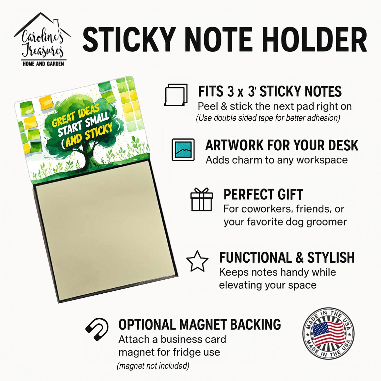 Great Ideas Start Small and Sticky Funny Sticky Note Holder Refillable Desk Dispenser Accessory with 3x3 Notes