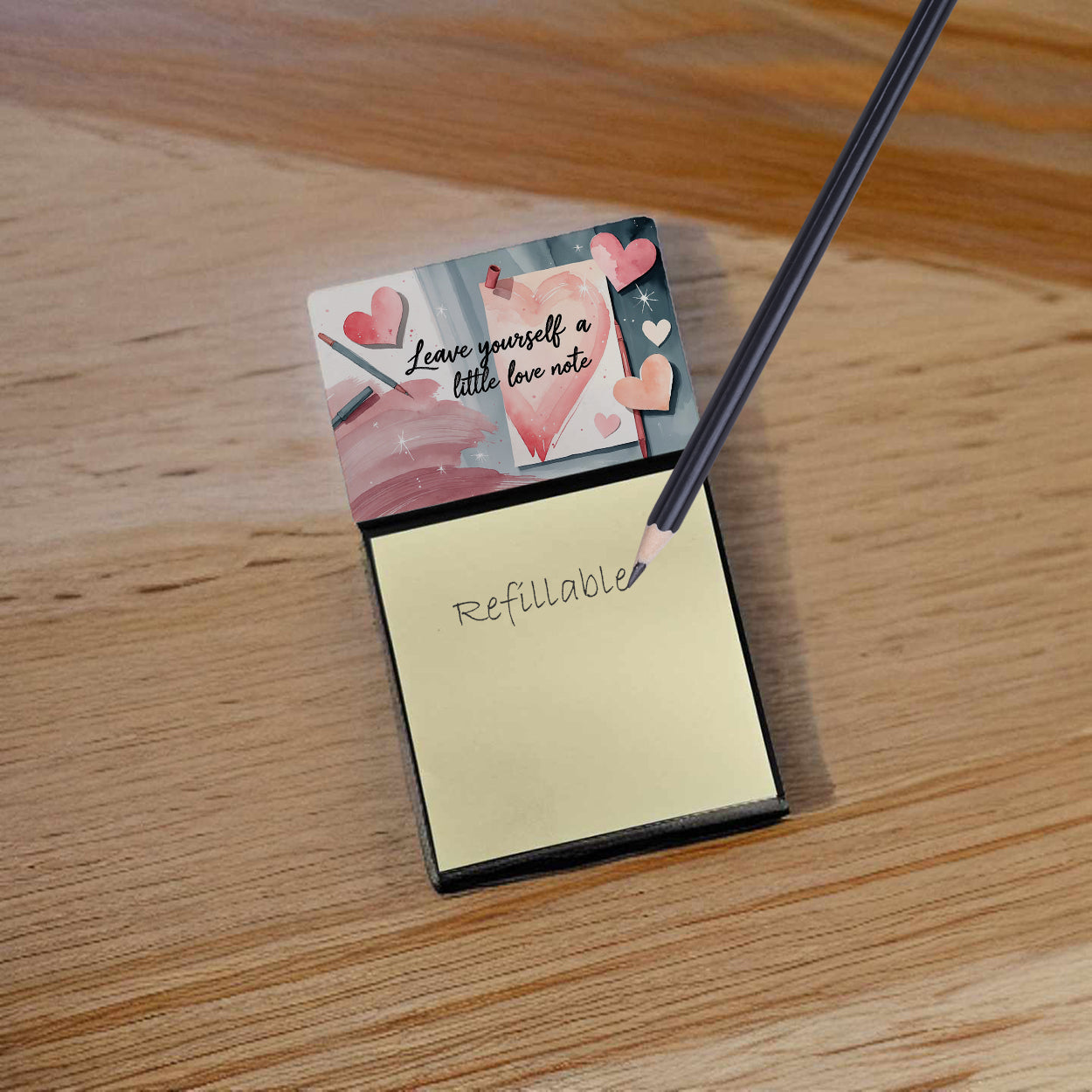 Leave Yourself a Little Love Note Funny Sticky Note Holder Refillable Desk Dispenser Accessory with 3x3 Notes