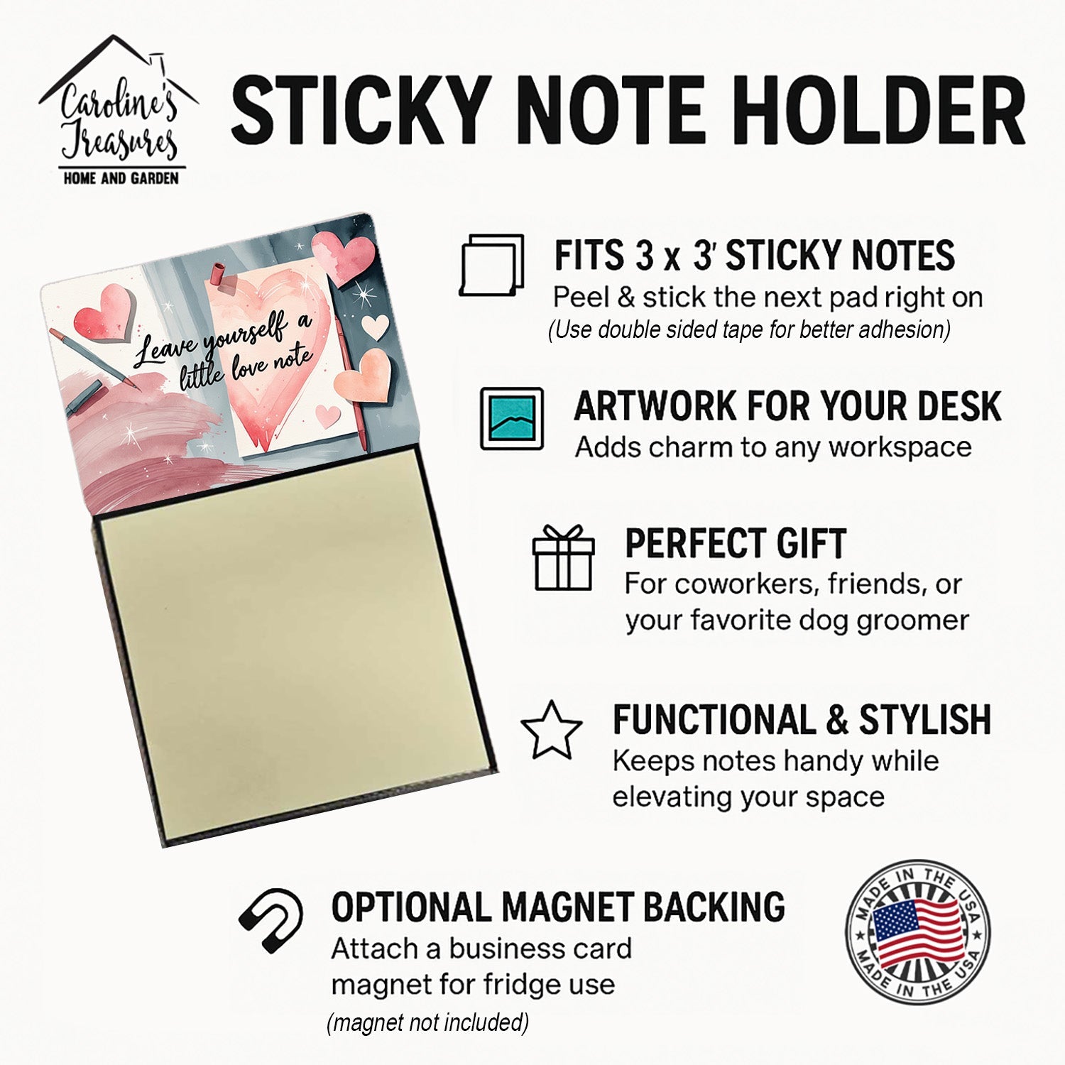 Leave Yourself a Little Love Note Funny Sticky Note Holder Refillable Desk Dispenser Accessory with 3x3 Notes