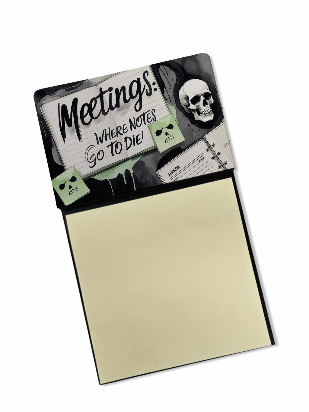 Meetings Where Notes Go to Die Funny Sticky Note Holder Refillable Desk Dispenser Accessory with 3x3 Notes
