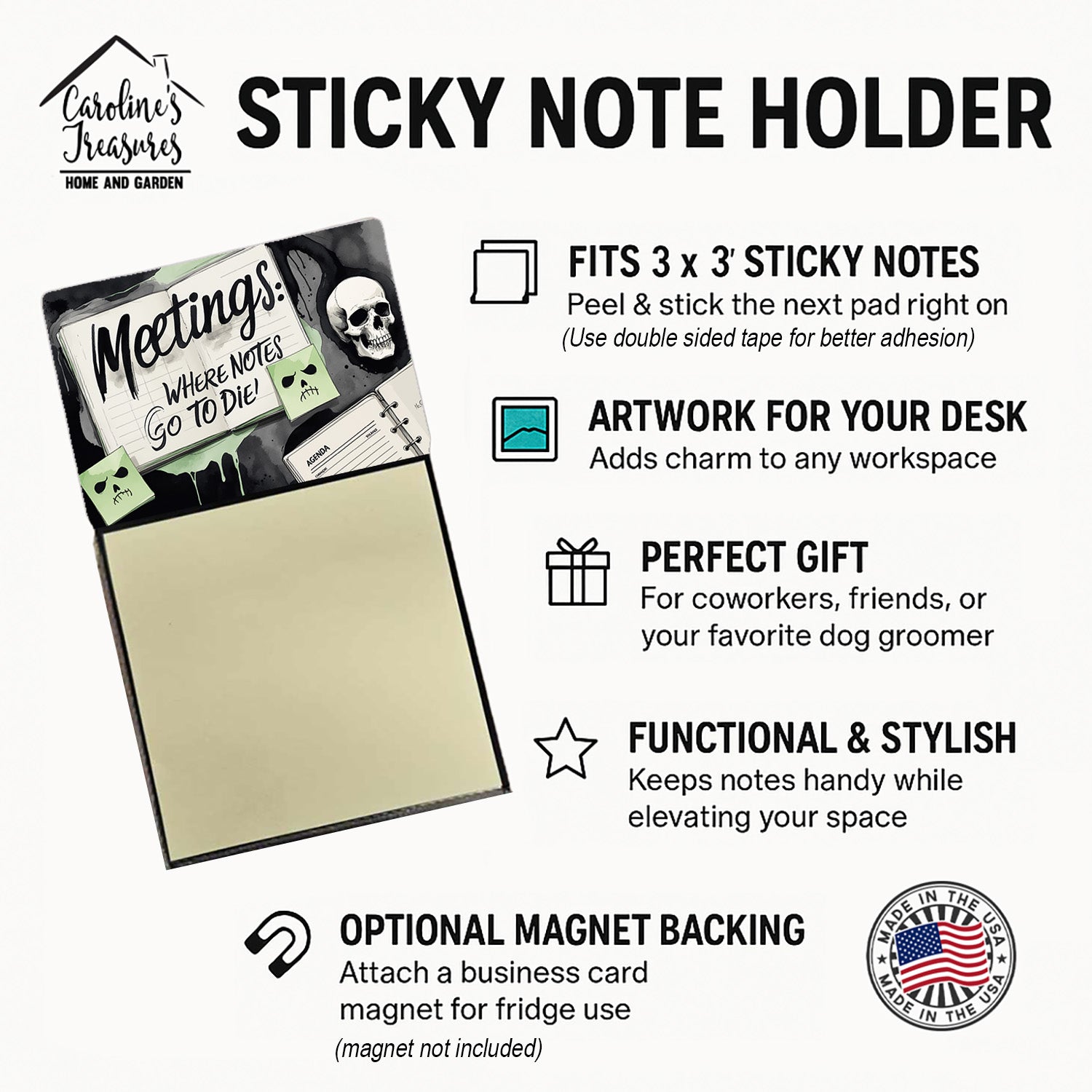Meetings Where Notes Go to Die Funny Sticky Note Holder Refillable Desk Dispenser Accessory with 3x3 Notes