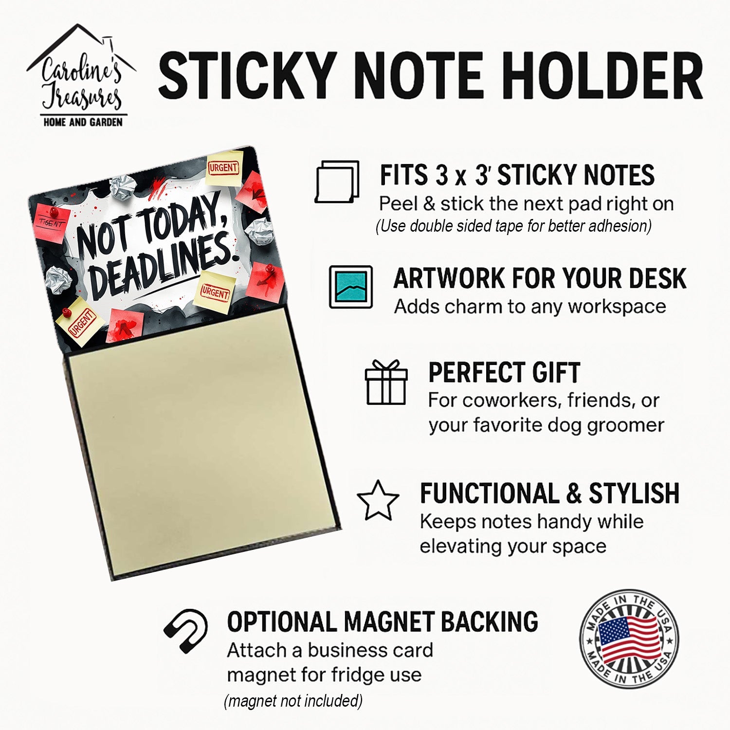 Not Today Deadlines Funny Sticky Note Holder Refillable Desk Dispenser Accessory with 3x3 Notes