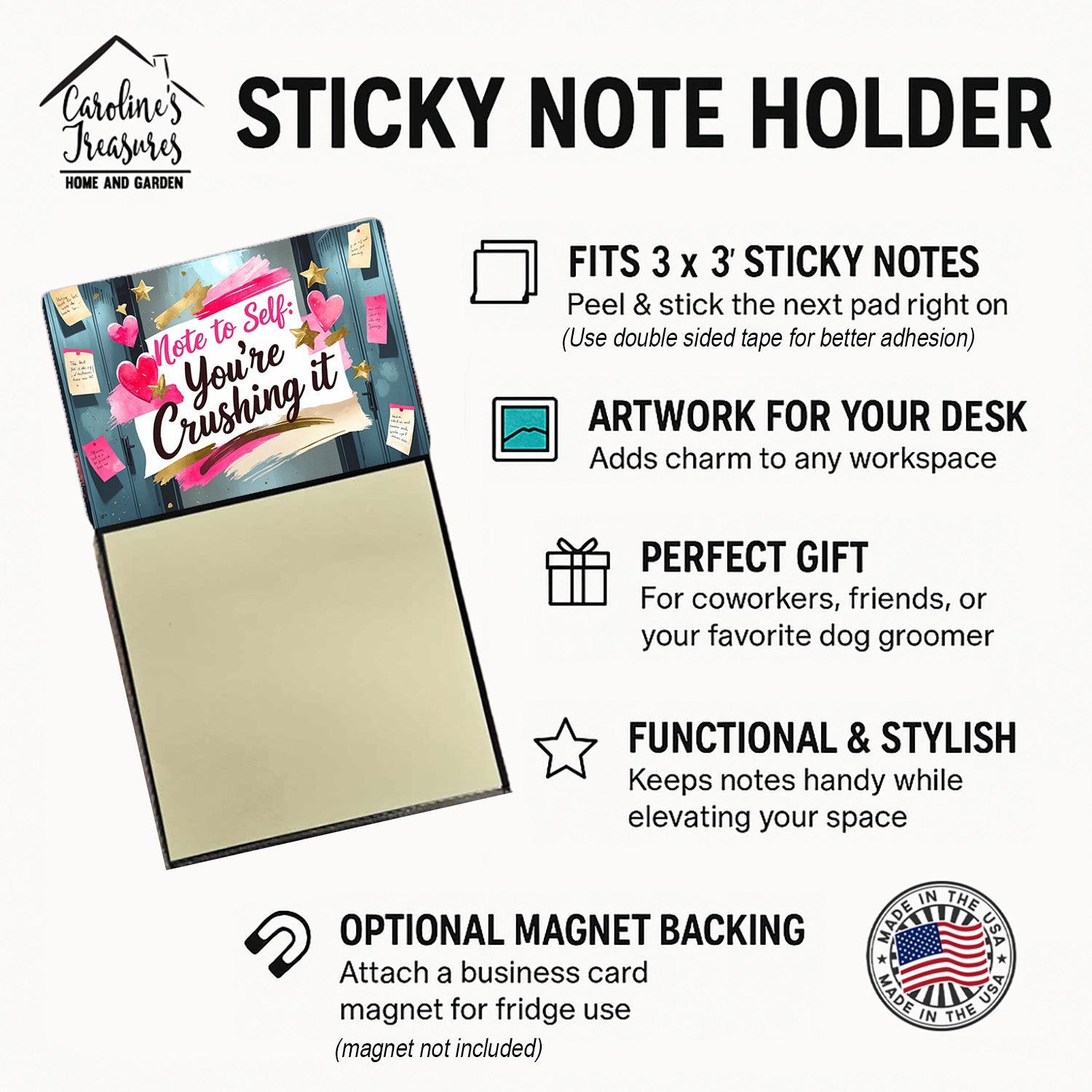 Note to Self You're Crushing It Funny Sticky Note Holder Refillable Desk Dispenser Accessory with 3x3 Notes