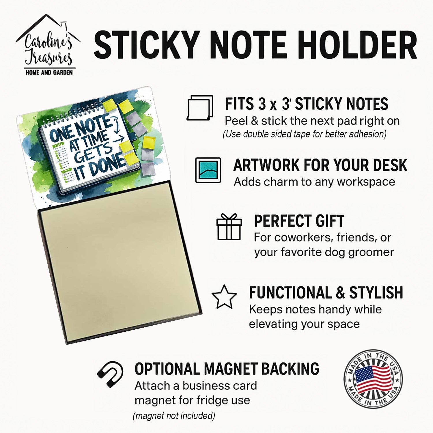 One Note at a Time Gets It Done Funny Sticky Note Holder Refillable Desk Dispenser Accessory with 3x3 Notes