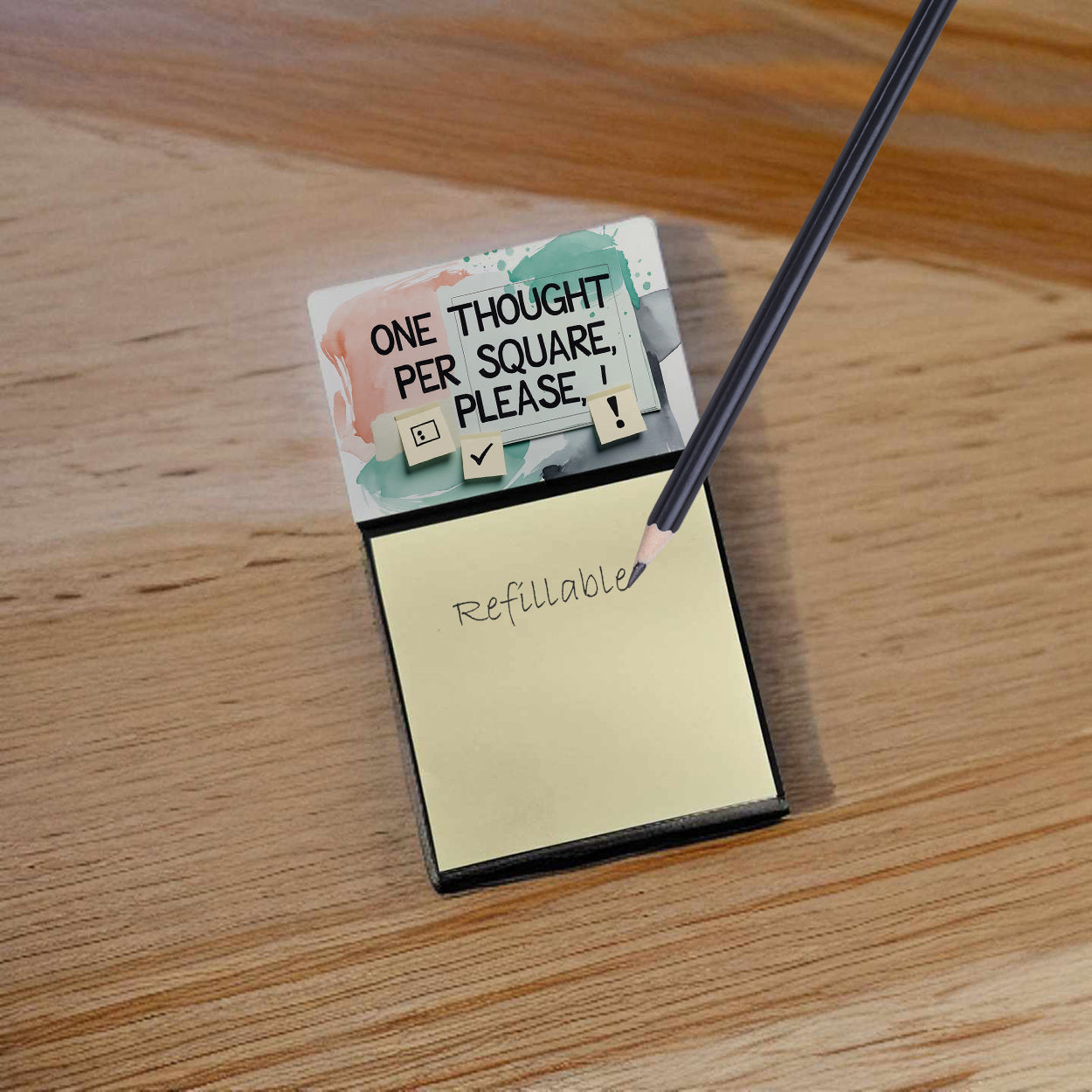 One Thought Per Square Please Funny Sticky Note Holder Refillable Desk Dispenser Accessory with 3x3 Notes