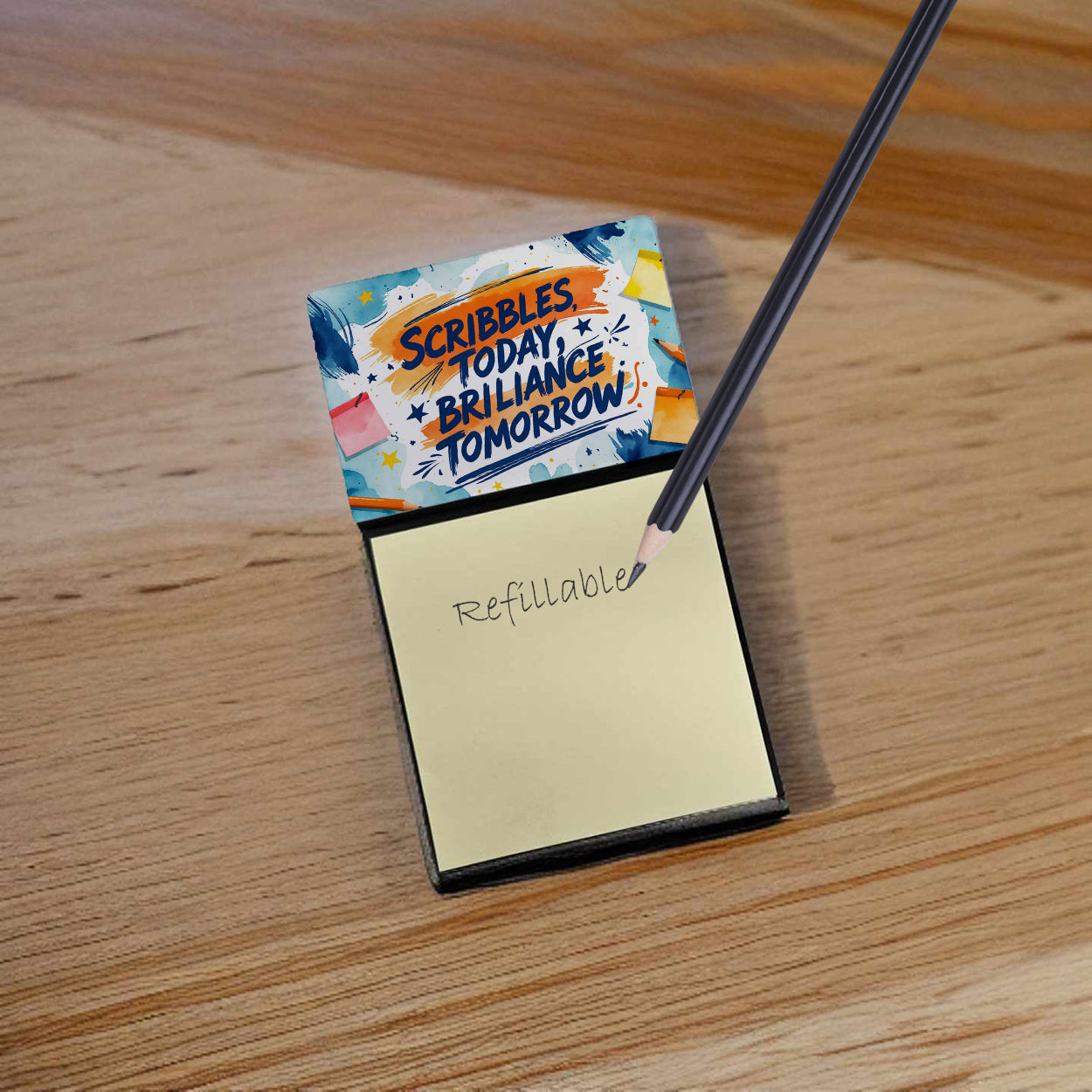 Scribbles Today Brilliance Tomorrow Funny Sticky Note Holder Refillable Desk Dispenser Accessory with 3x3 Notes