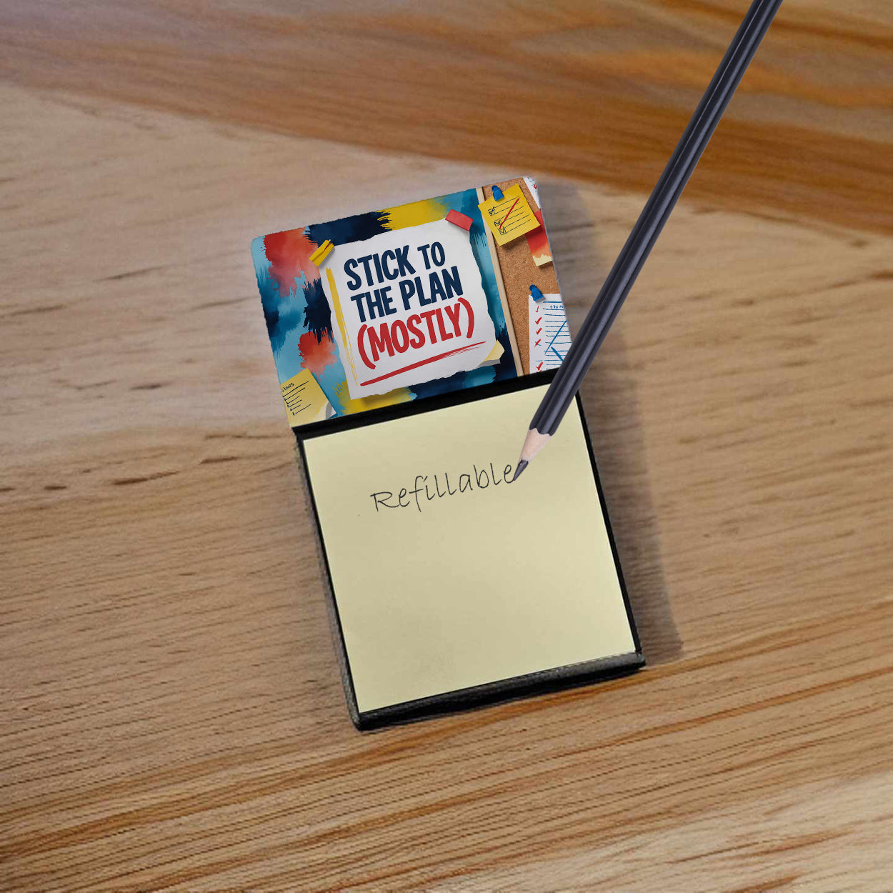 Stick to the Plan Mostly Funny Sticky Note Holder Refillable Desk Dispenser Accessory with 3x3 Notes