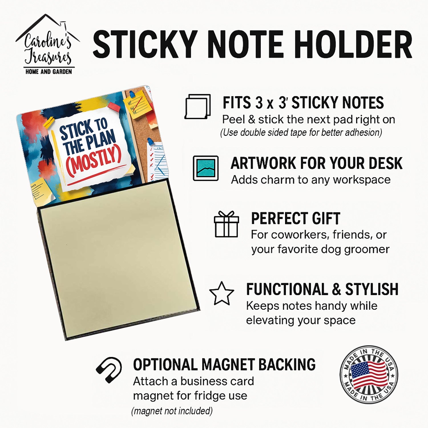 Stick to the Plan Mostly Funny Sticky Note Holder Refillable Desk Dispenser Accessory with 3x3 Notes