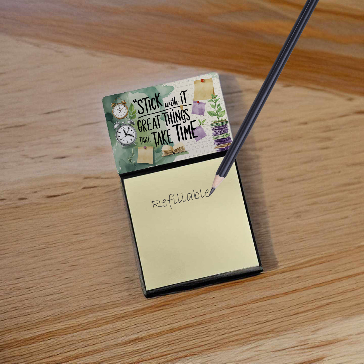 Stick With It Great Things Take Time Funny Sticky Note Holder Refillable Desk Dispenser Accessory with 3x3 Notes