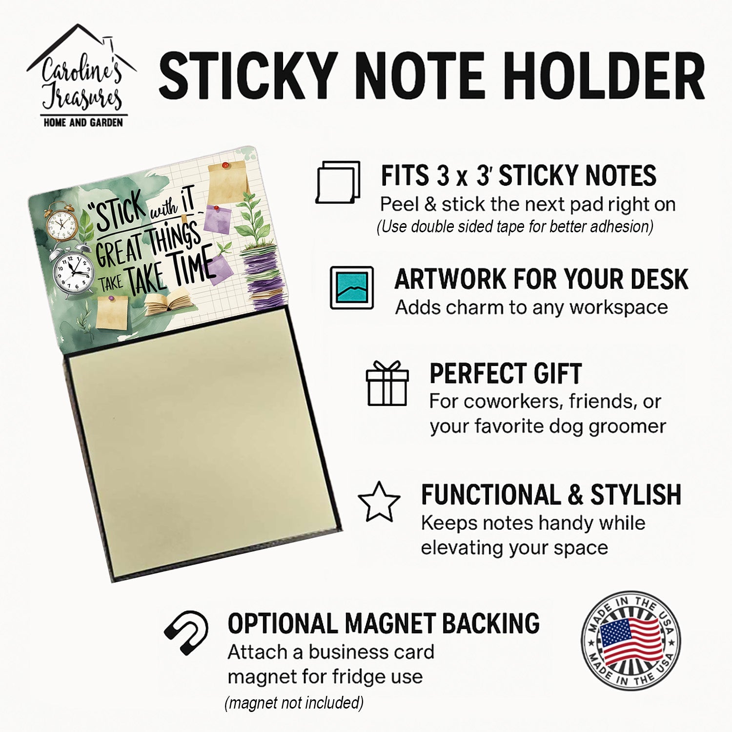 Stick With It Great Things Take Time Funny Sticky Note Holder Refillable Desk Dispenser Accessory with 3x3 Notes