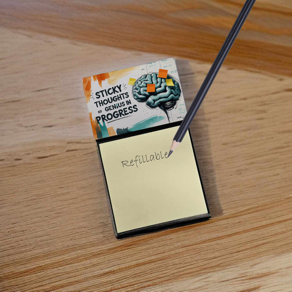 Sticky Thoughts Equals Genius in Progress Funny Sticky Note Holder Refillable Desk Dispenser Accessory with 3x3 Notes