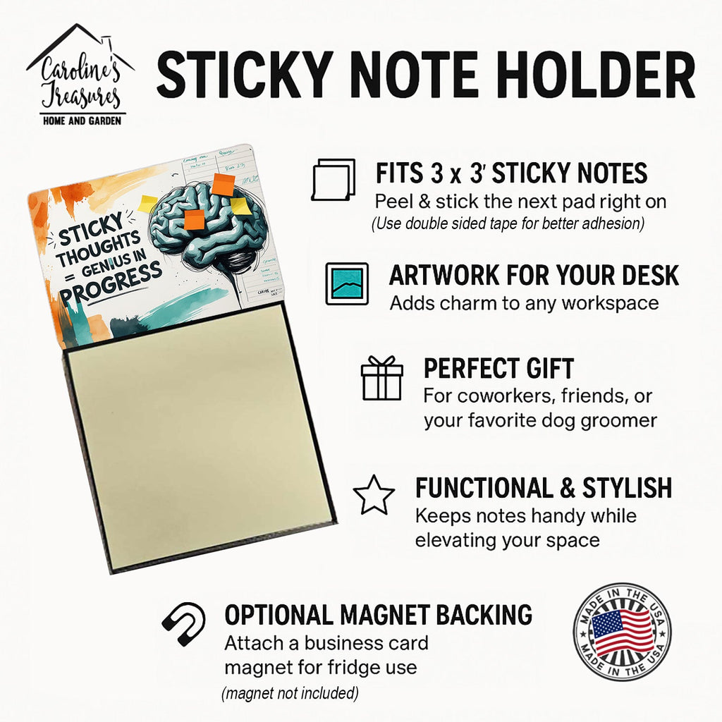 Sticky Thoughts Equals Genius in Progress Funny Sticky Note Holder Refillable Desk Dispenser Accessory with 3x3 Notes